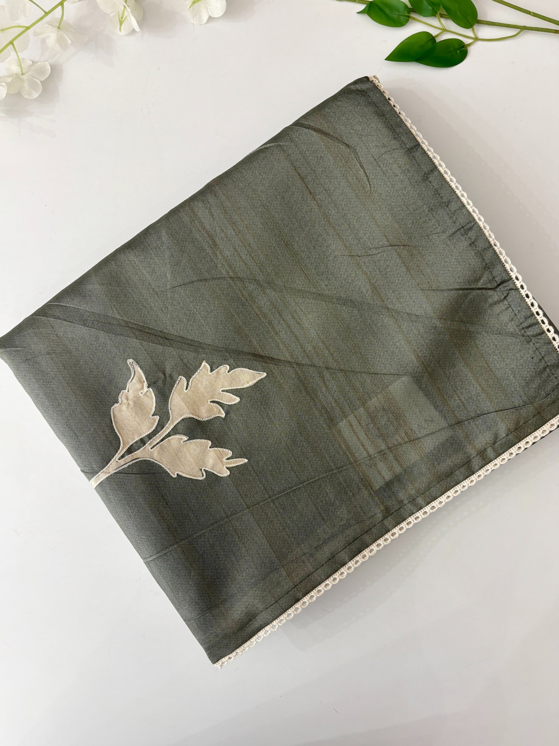 Olive Green Semi Printed Tussar Silk Sarees with Aari Work