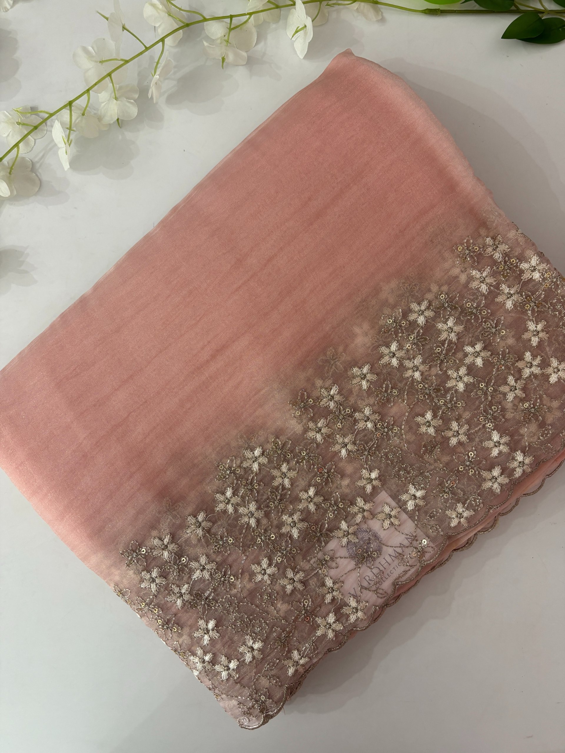 Light Peach Crush Tissue Organza Saree with Embroidery