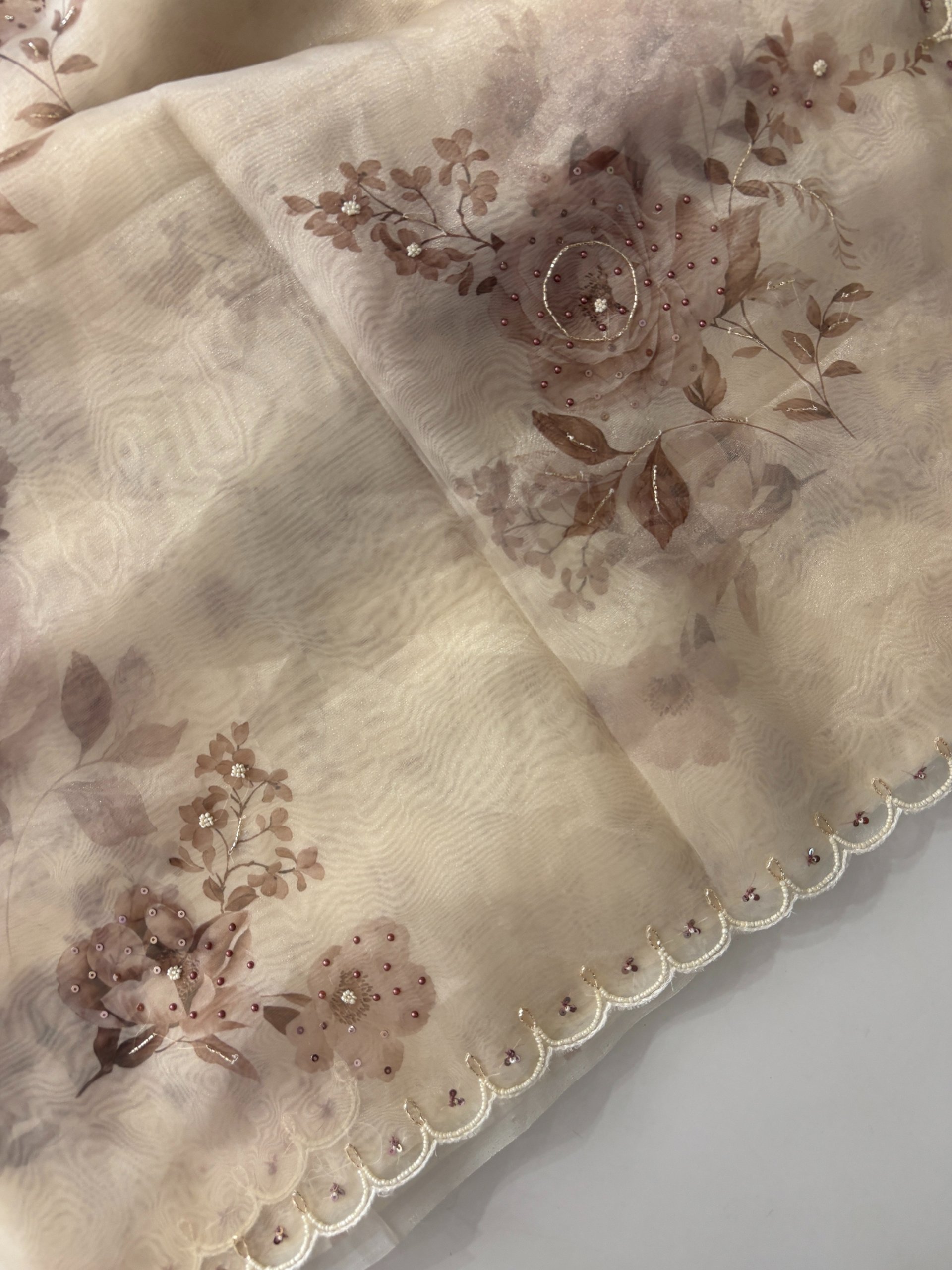 Mauve Pink - White Floral Tissue Organza Saree with Handwork