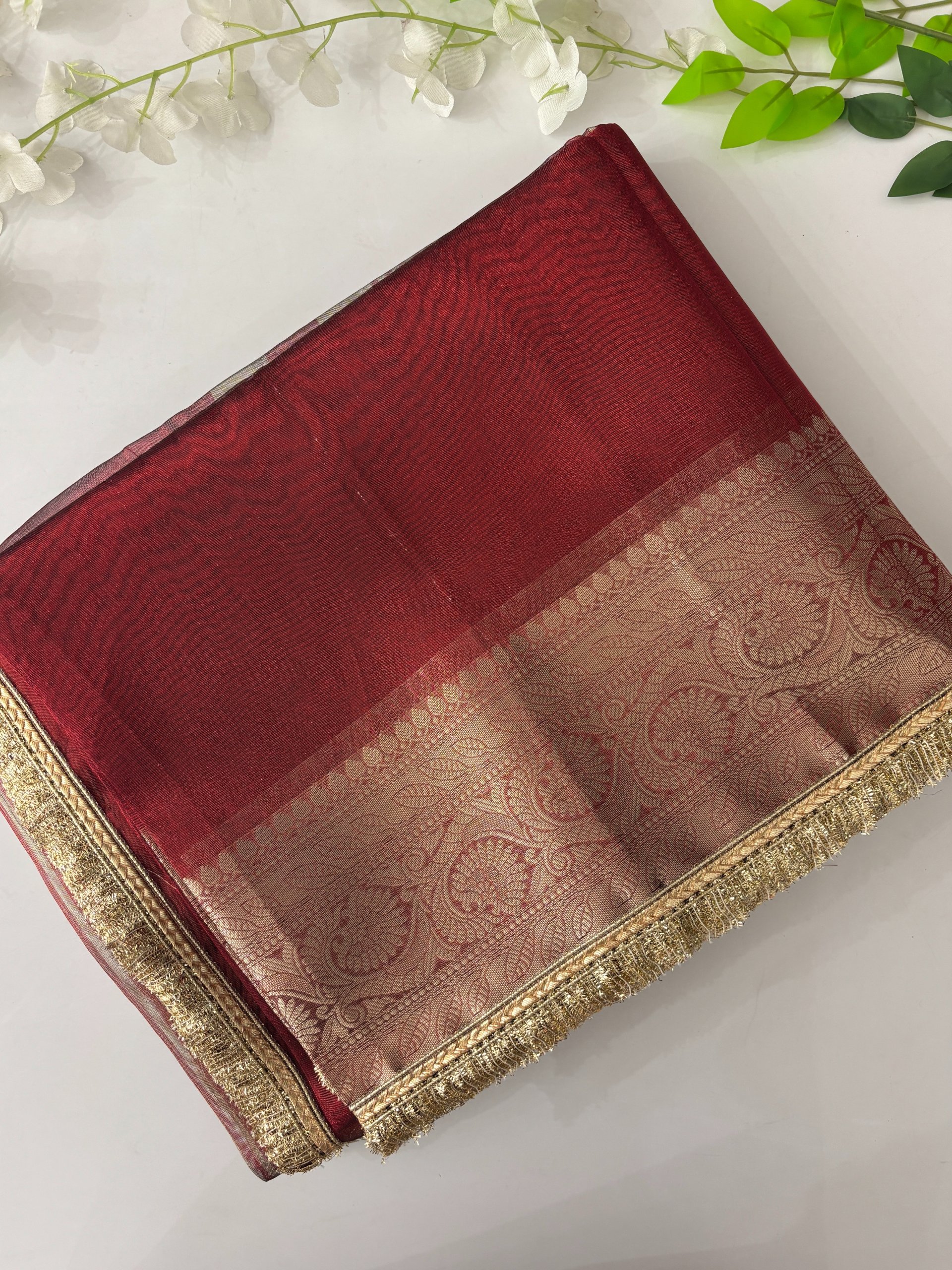 Red Banarasi Tissue Saree with Lace Border