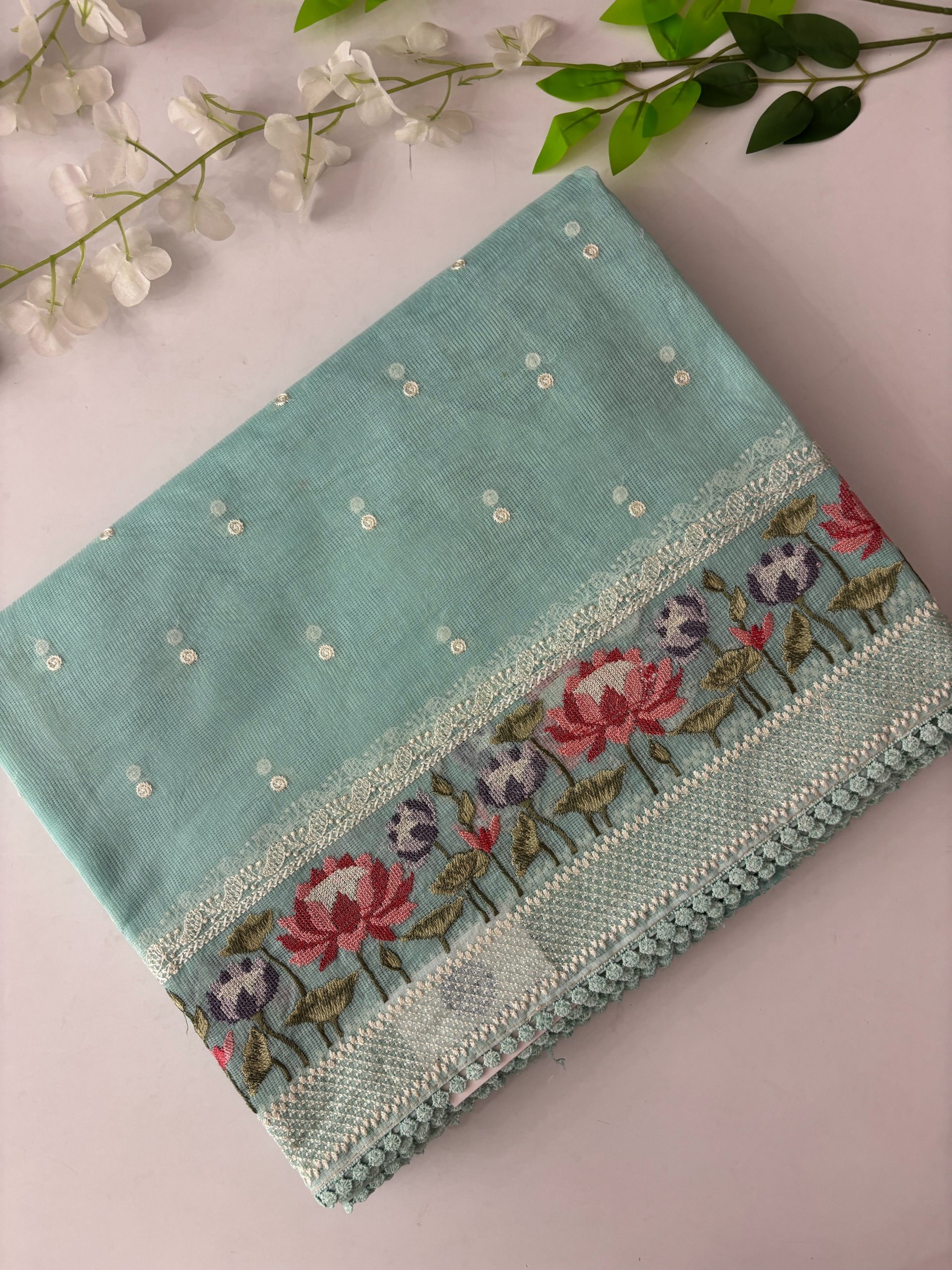 Blue Supernet Saree with Embroidery