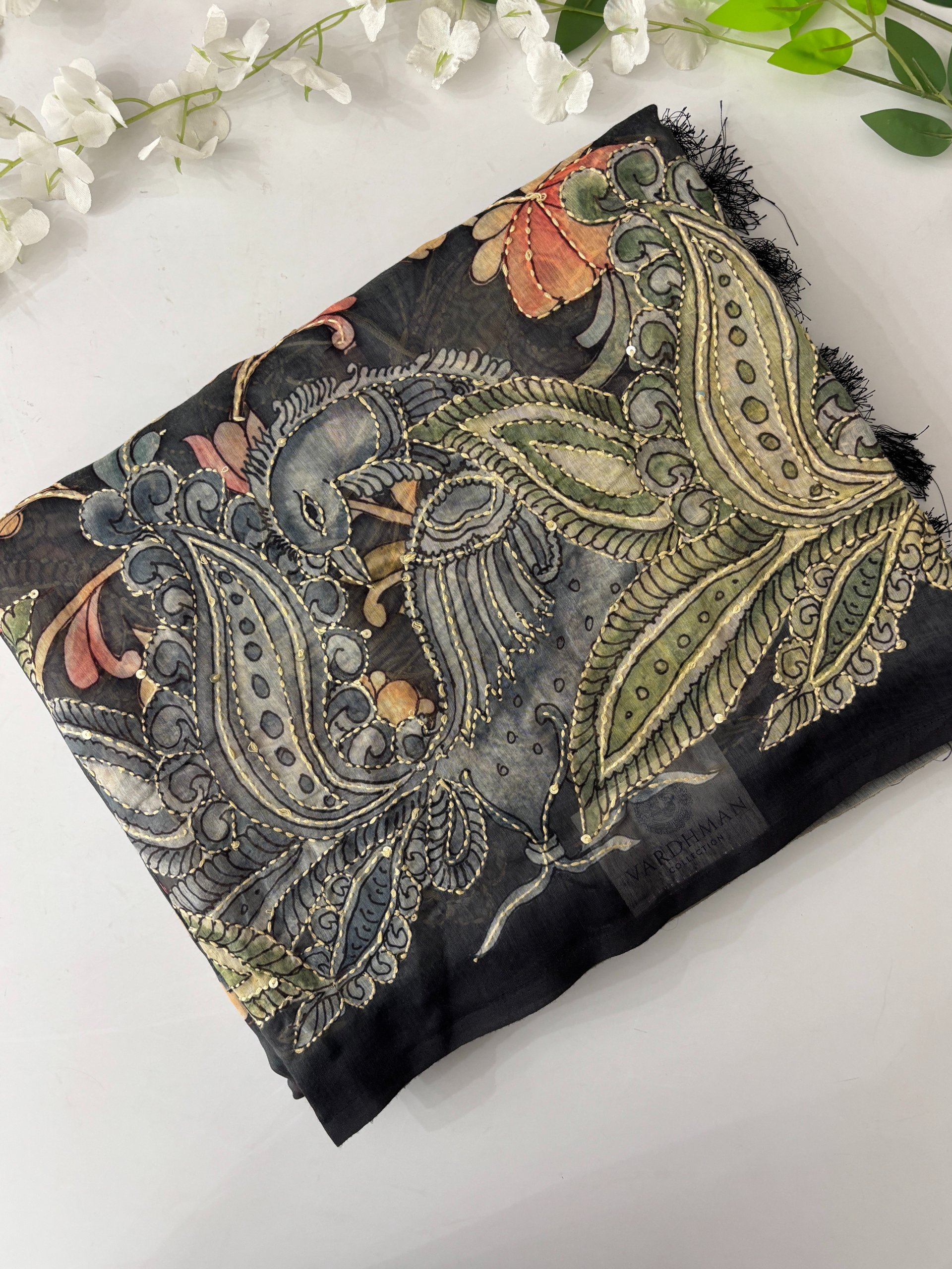 Black Kalamkari X Chanderi Cotton Saree with Kantha Work