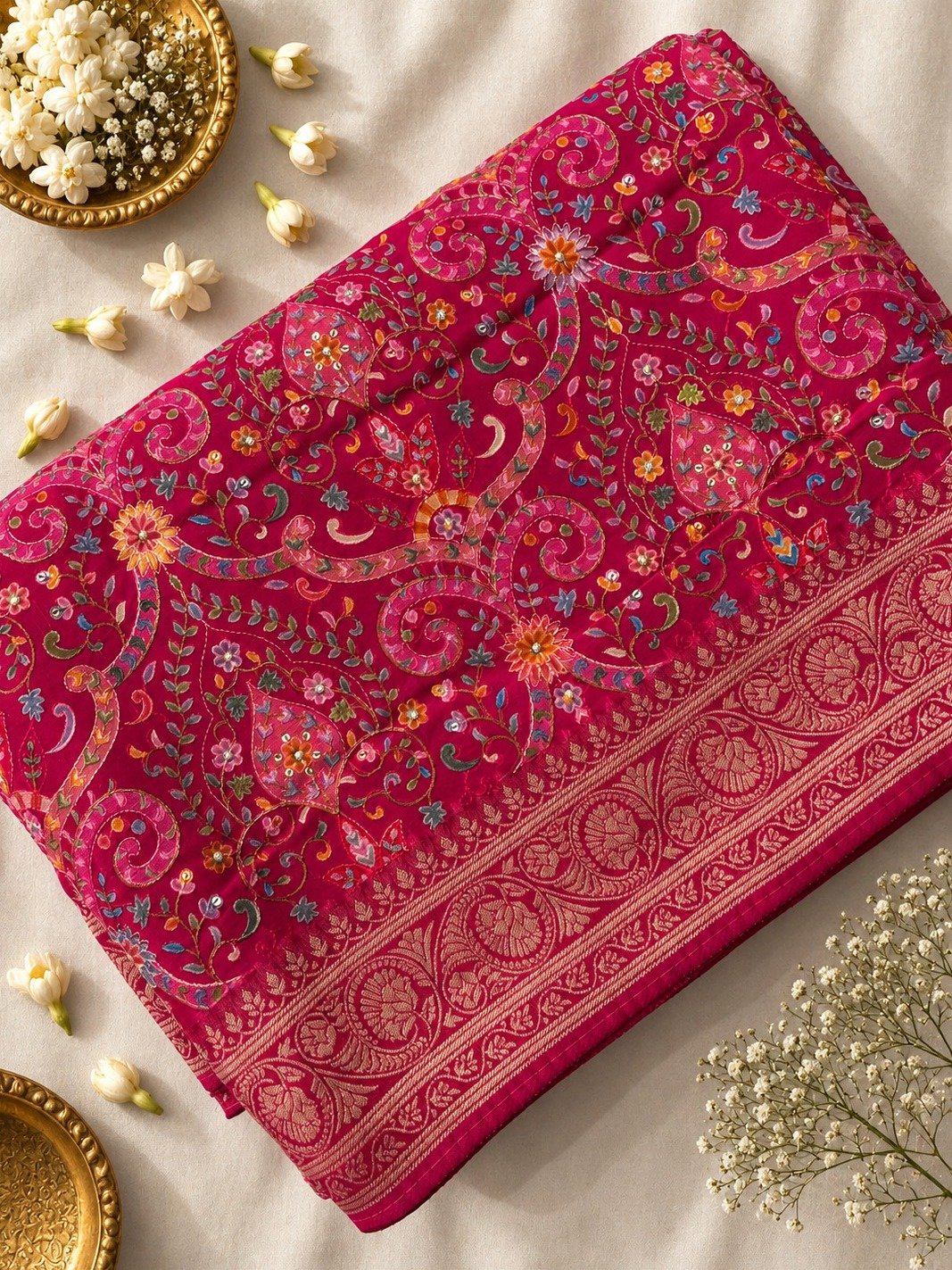 Pink Bandhani Georgette Saree with Work
