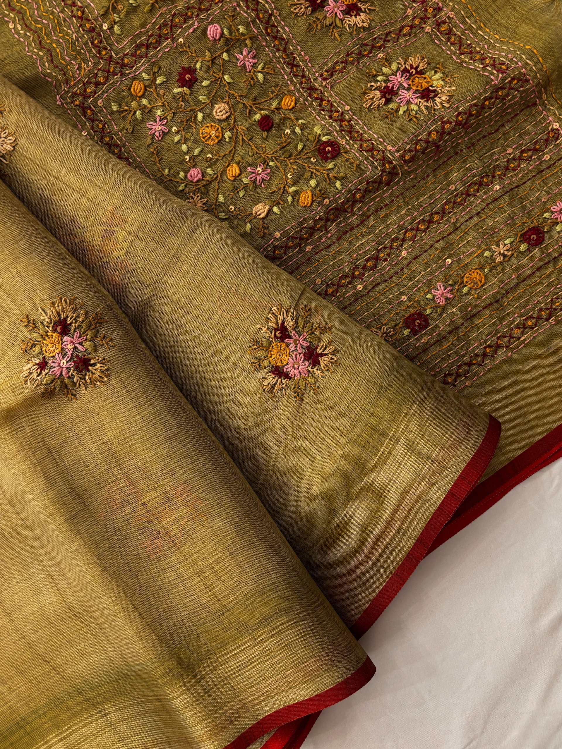 Dusty Green Linen Tissue Saree with Knot Work