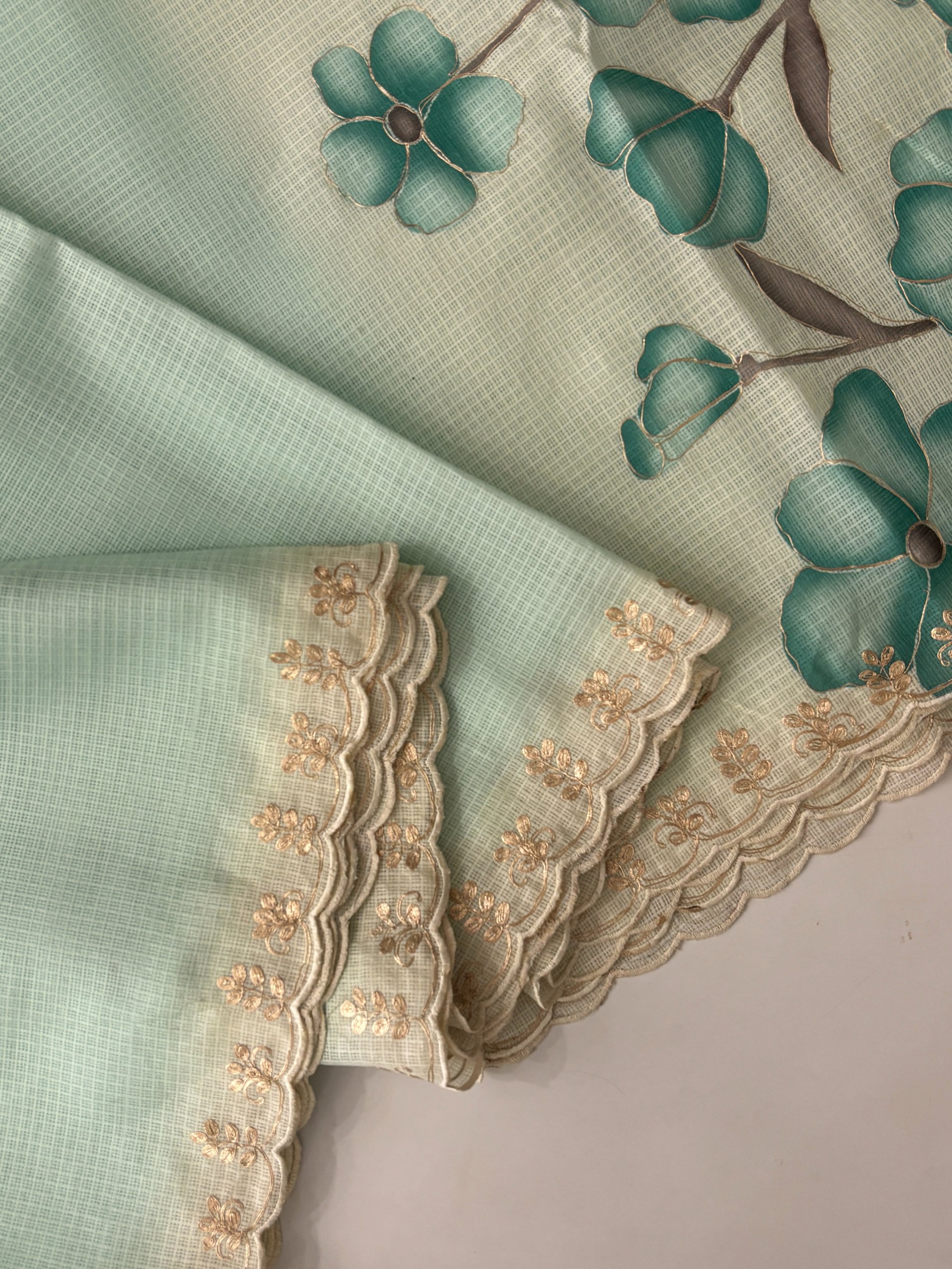 Light Turquoise Blue Supernet Saree with Aari Work