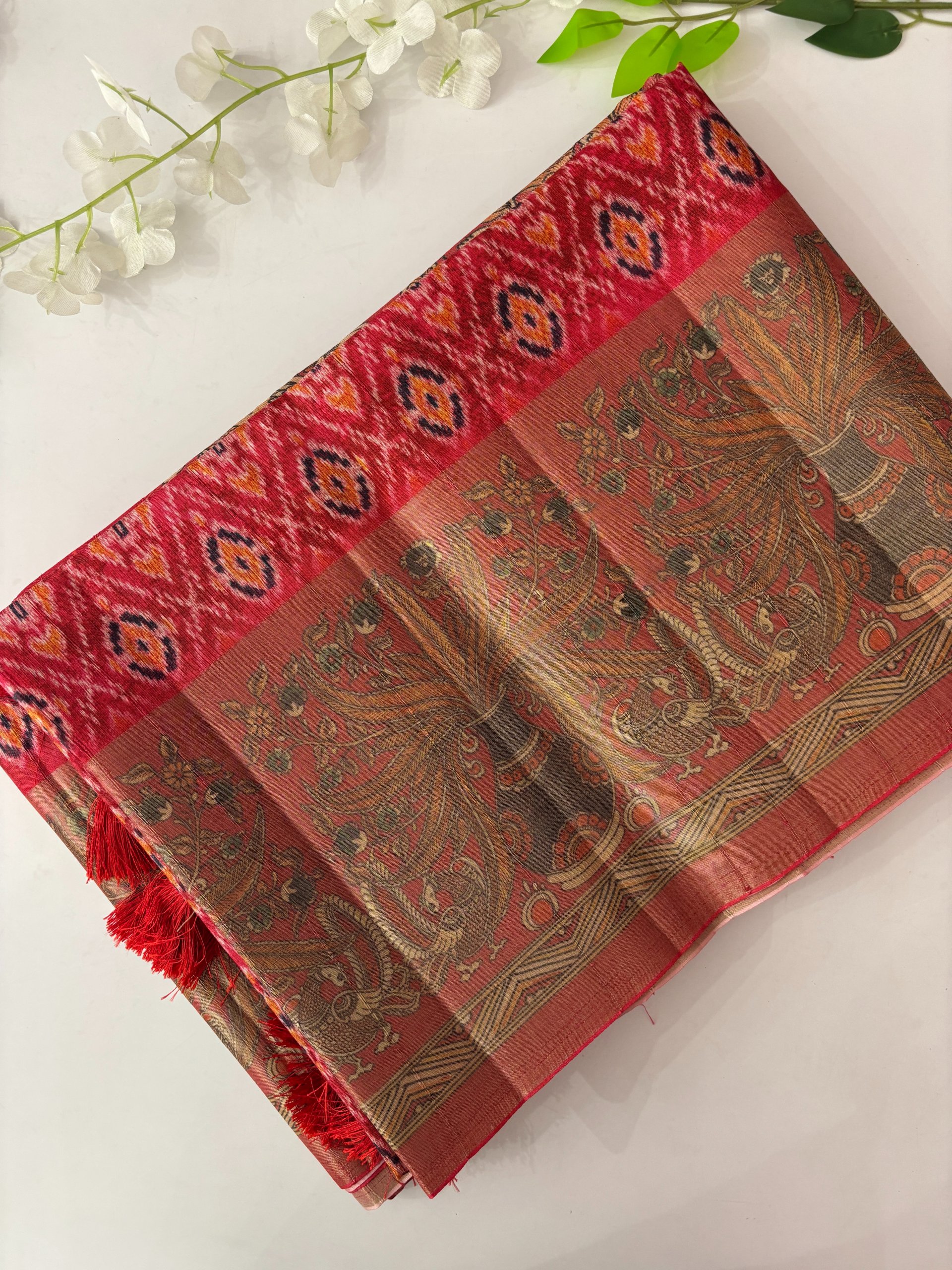 Maroon Patola X Kalamkari Tussar Silk Saree