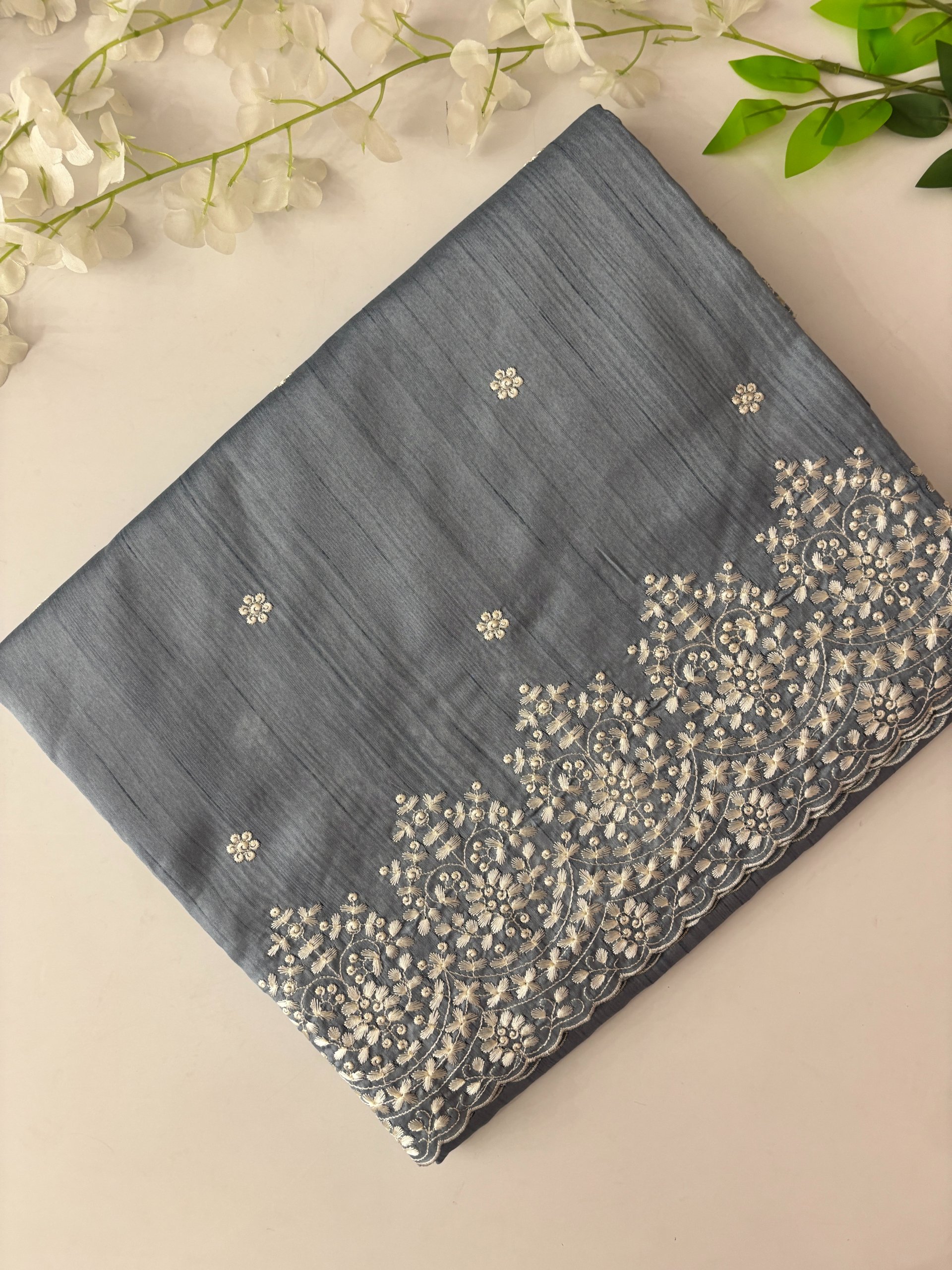 Greyish Blue Semi Tussar Silk Saree with Embroidery on it
