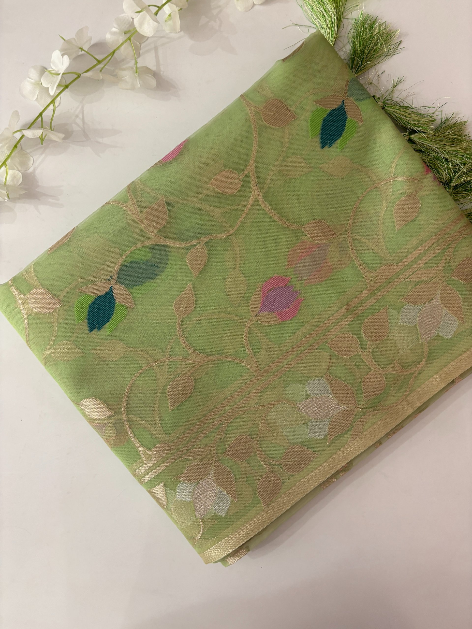 Green Banarasi Kora Silk Saree