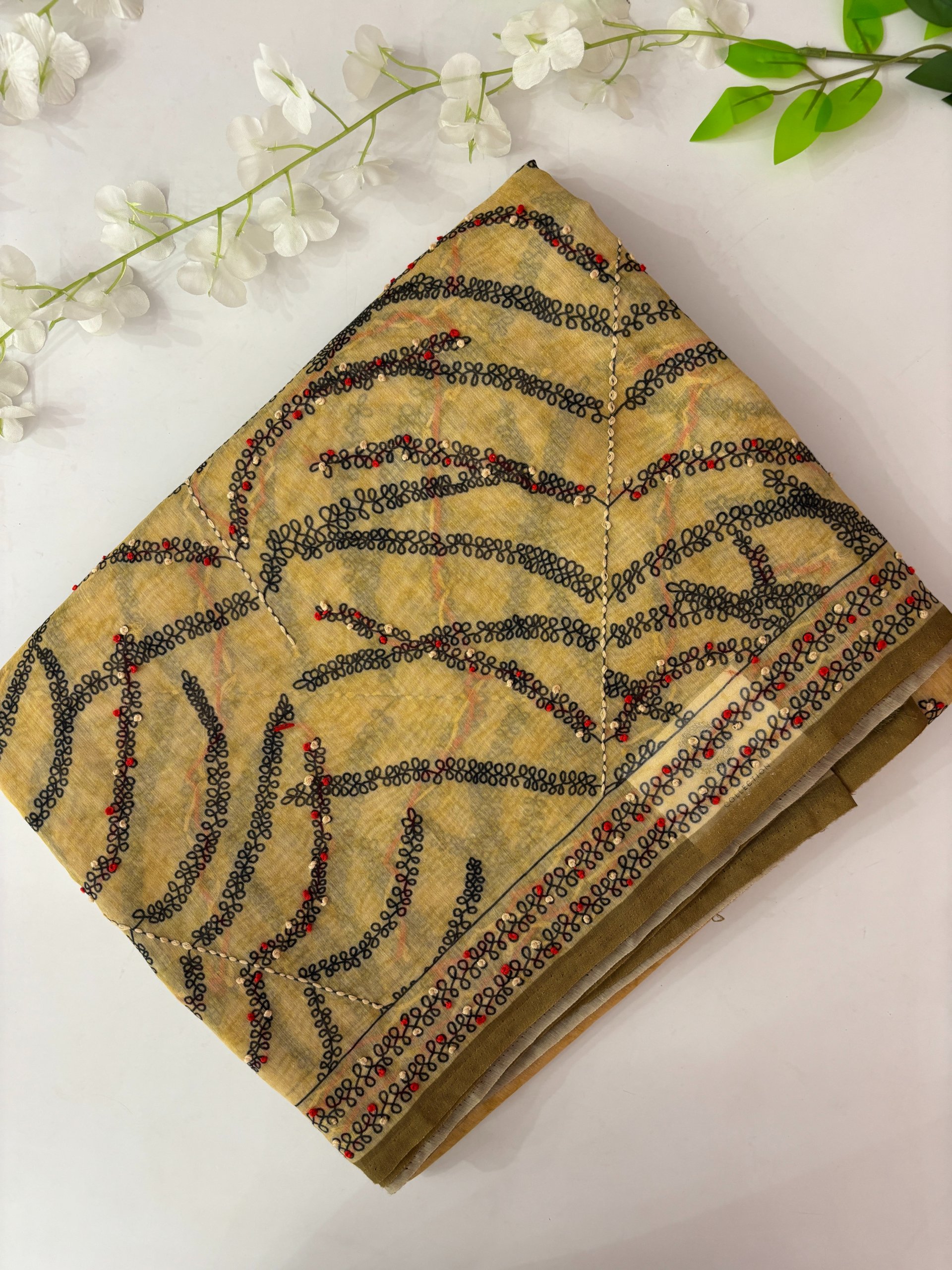 Yellow Printed Chanderi Cotton Saree with Knot Work