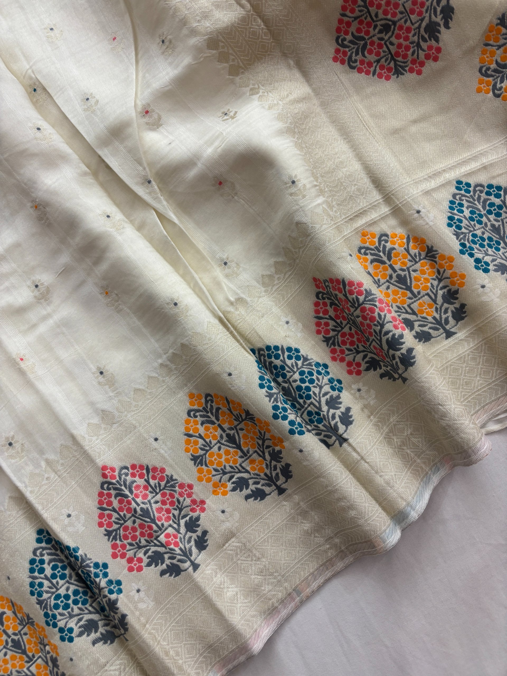 Off White Meenakari Banarasi Tussar Silk Saree