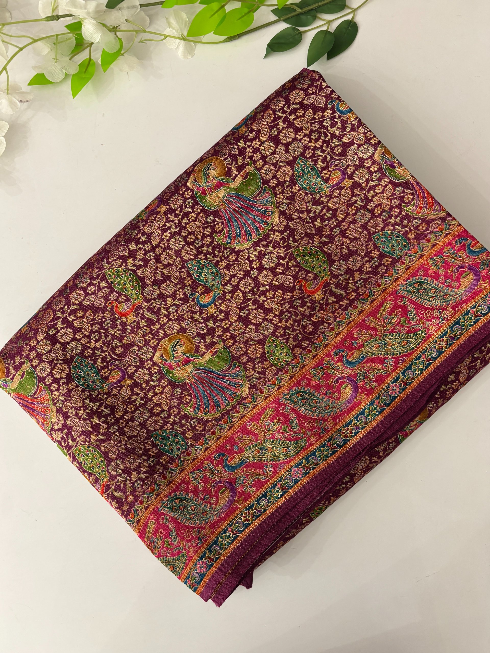 Wine Semi Pashmina Style Silk Sarees