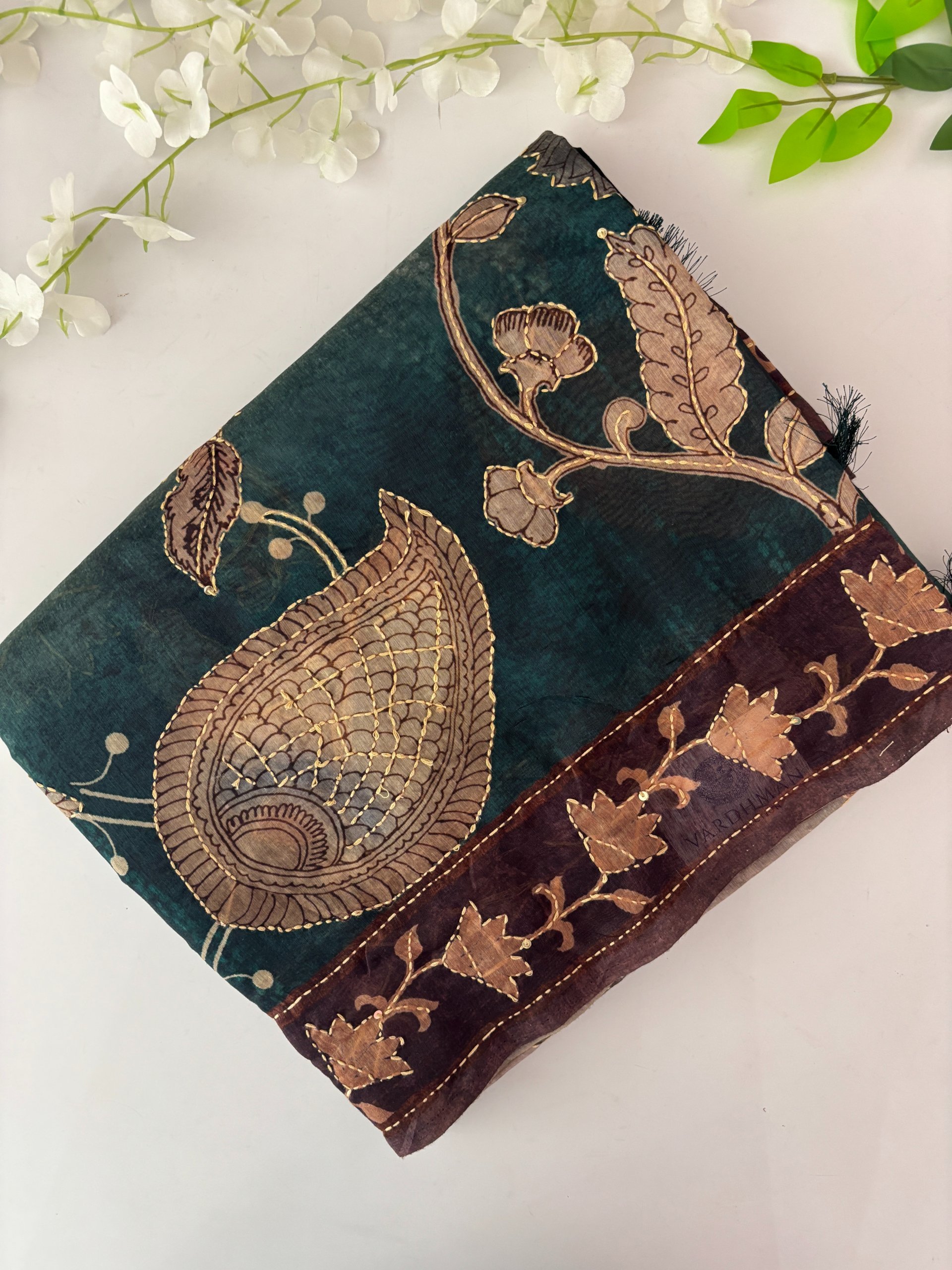 Green Kantha Work Saree