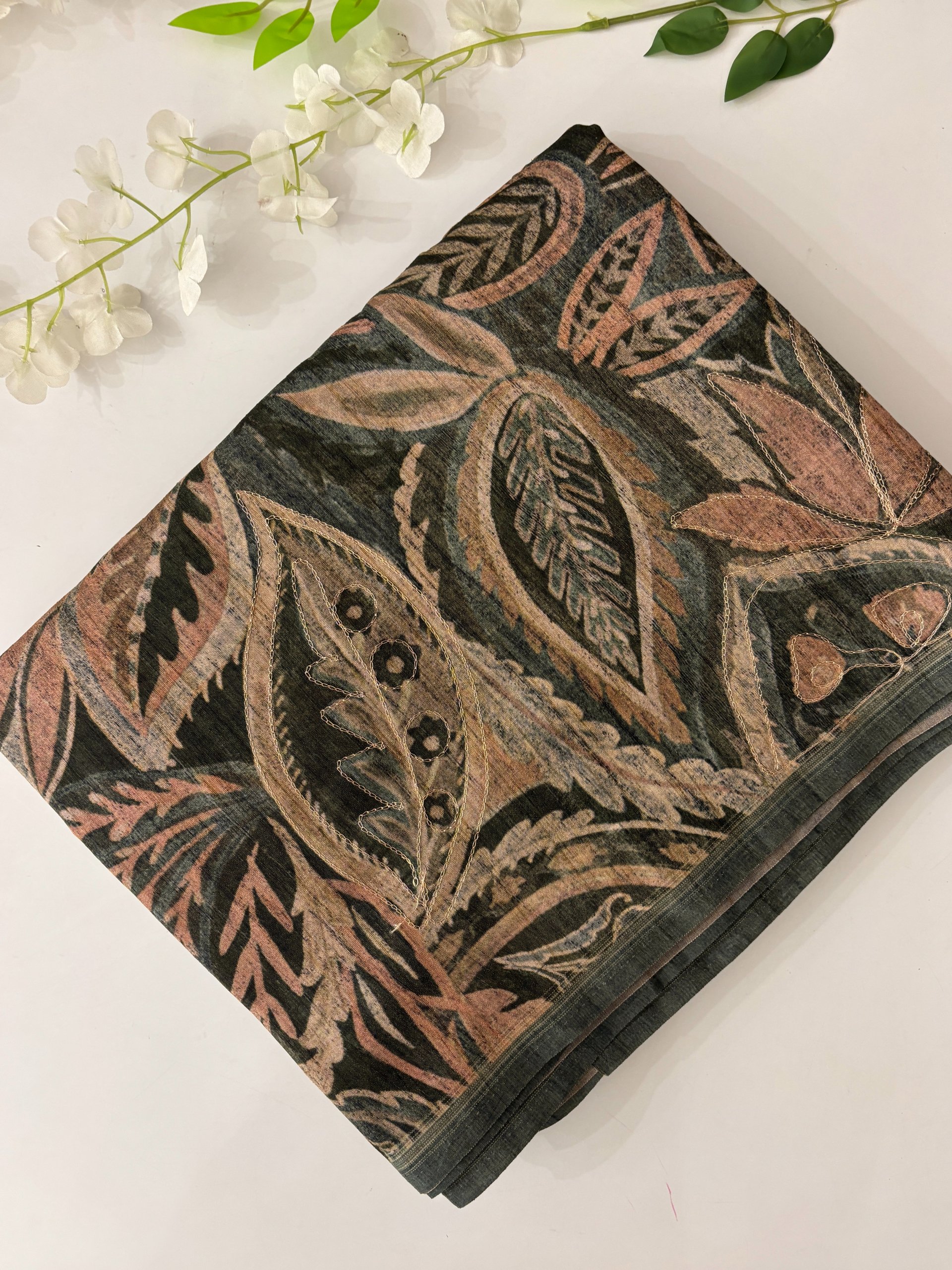 Olive Green Tussar Silk Sarees with Aari Work 