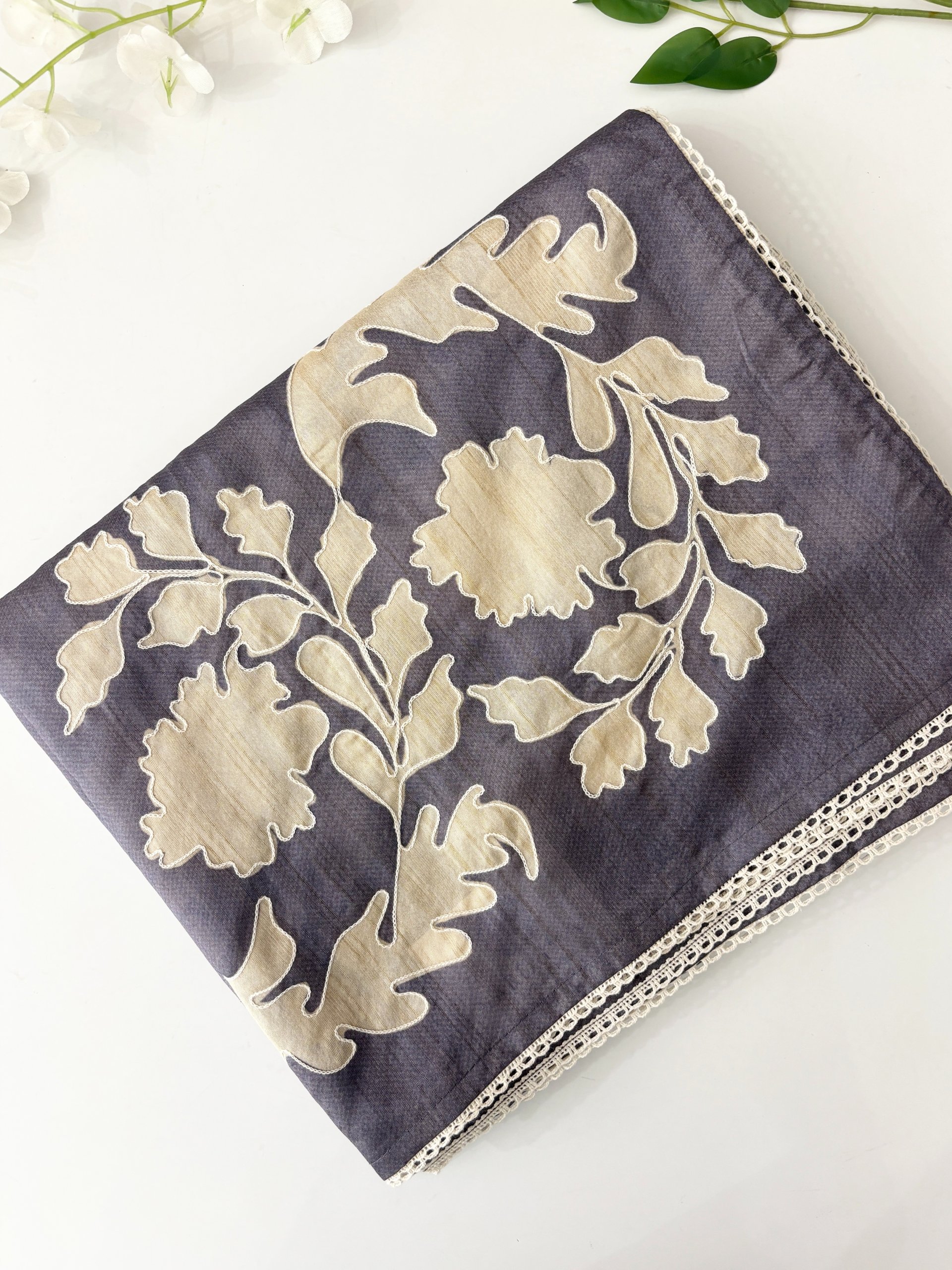 Greyish Blue Semi Printed Tussar Silk Sarees with Aari Work