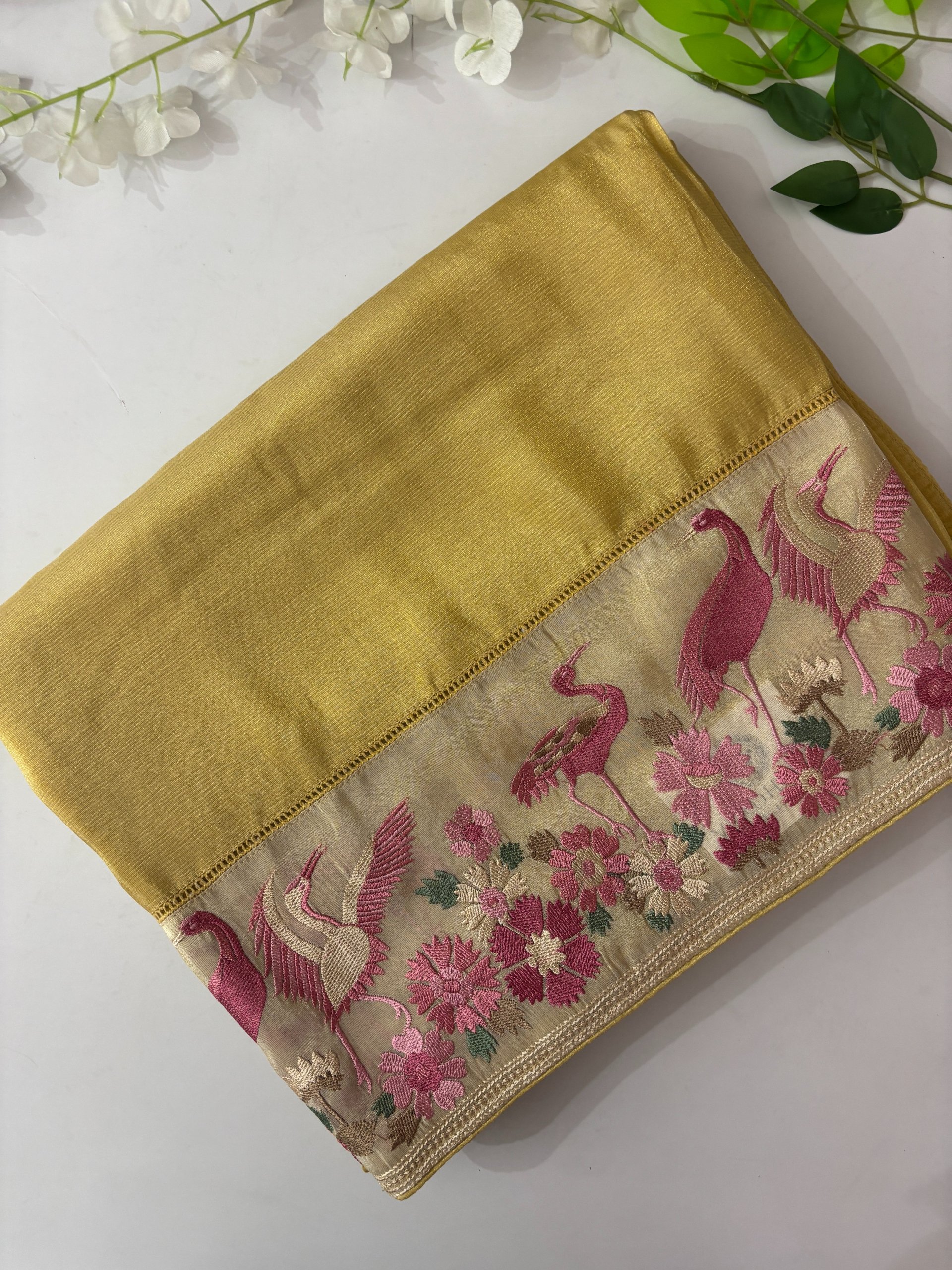 Yellow Fancy Crush Tissue Saree with Embroidery