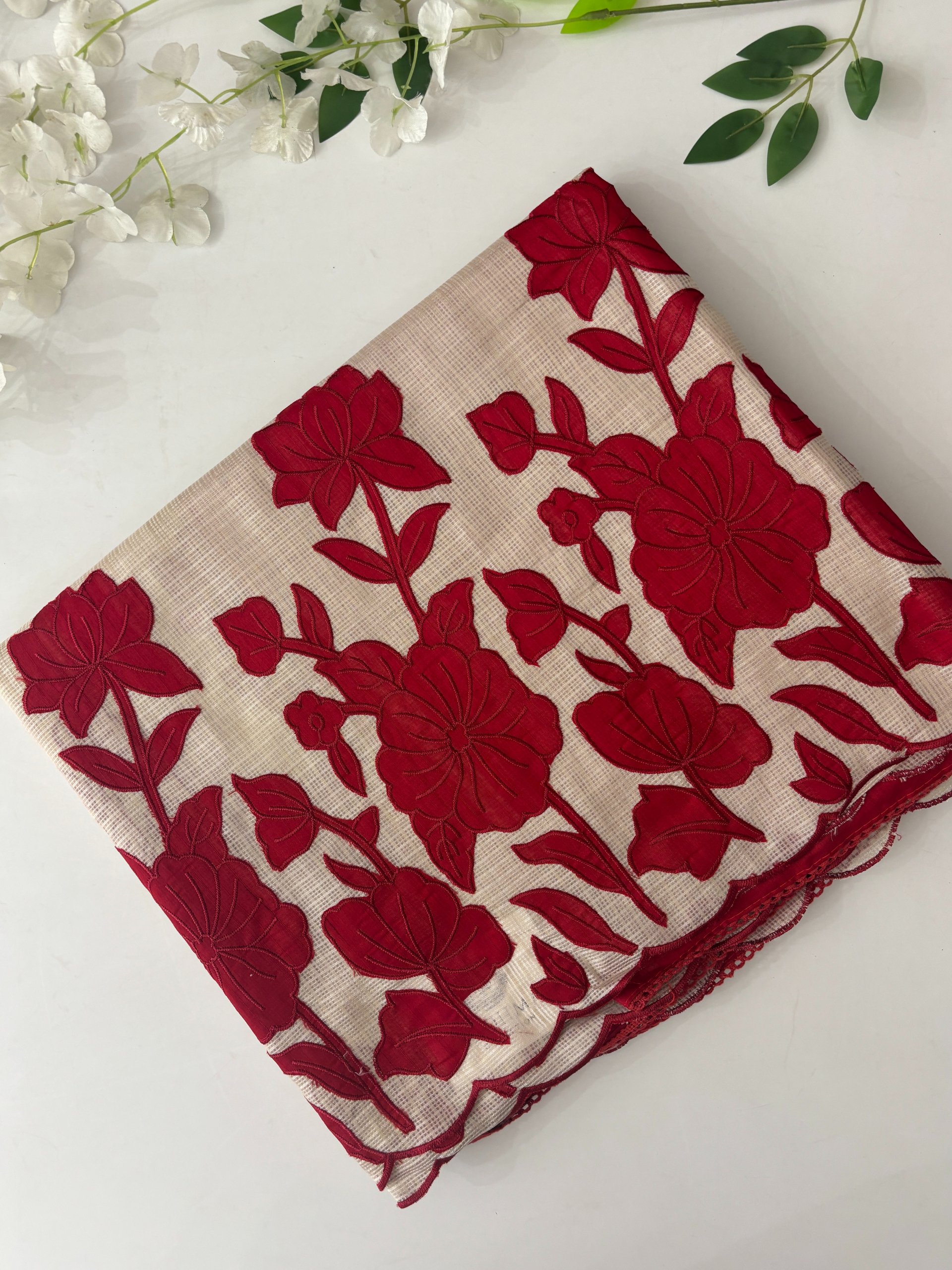 Off White and Red Supernet Saree with Appliqué Work 