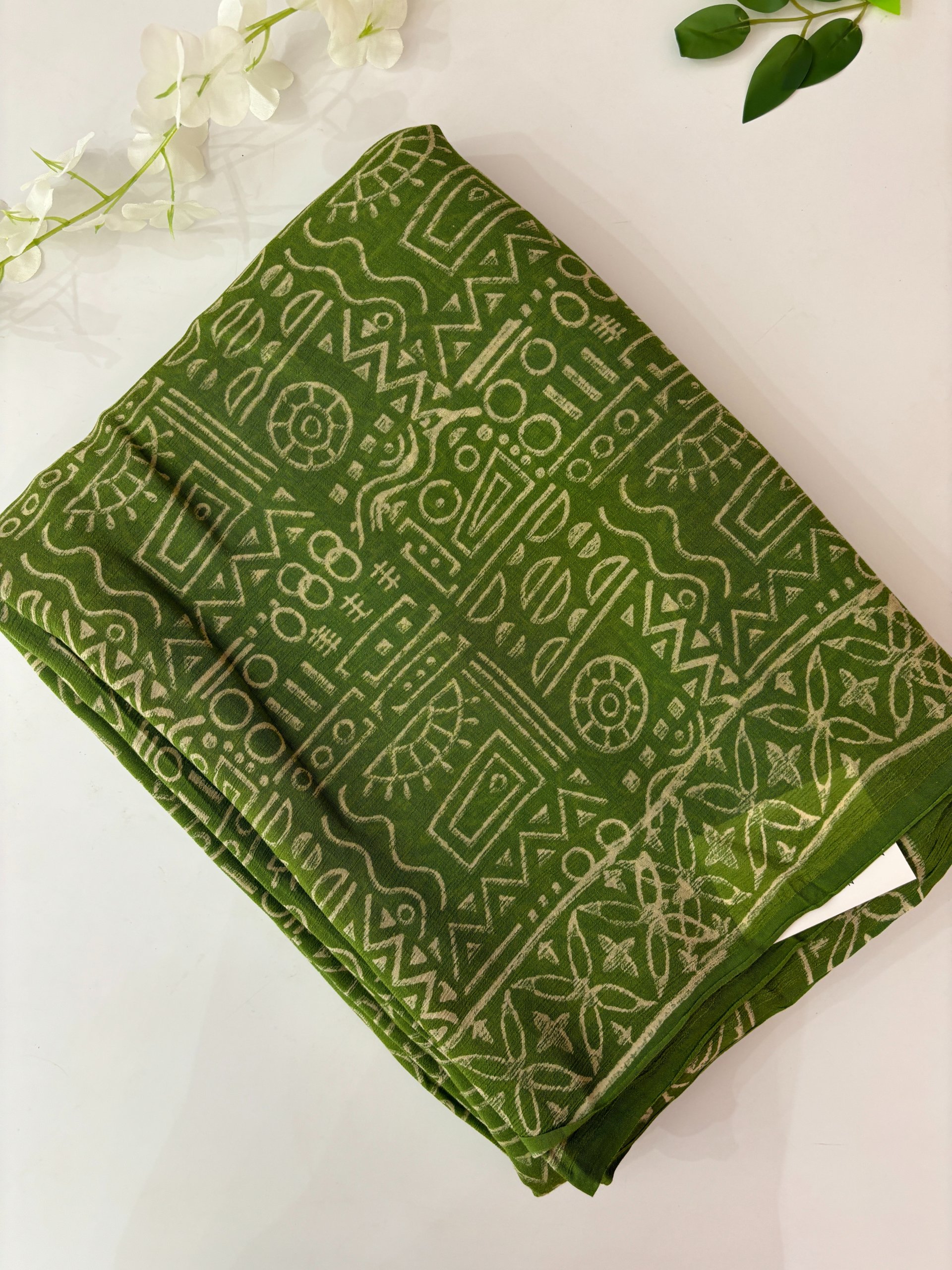 Parrot Green Chiffon Block Print Saree