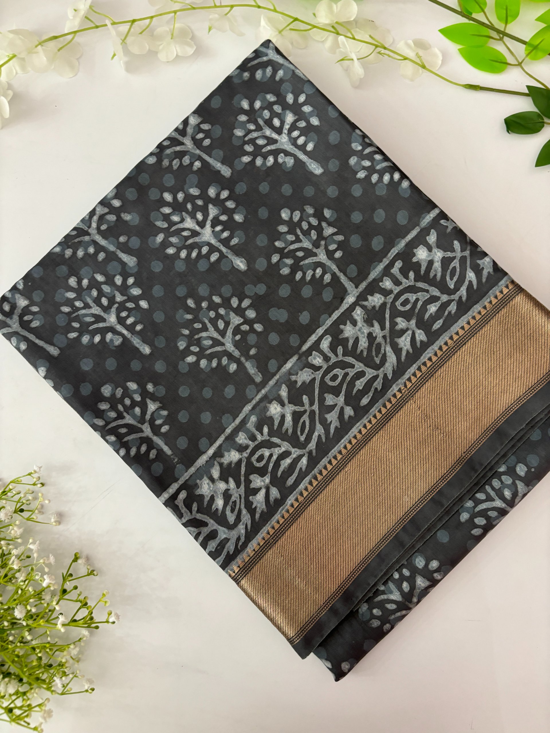 Grey Block Print Modal Muslin Saree