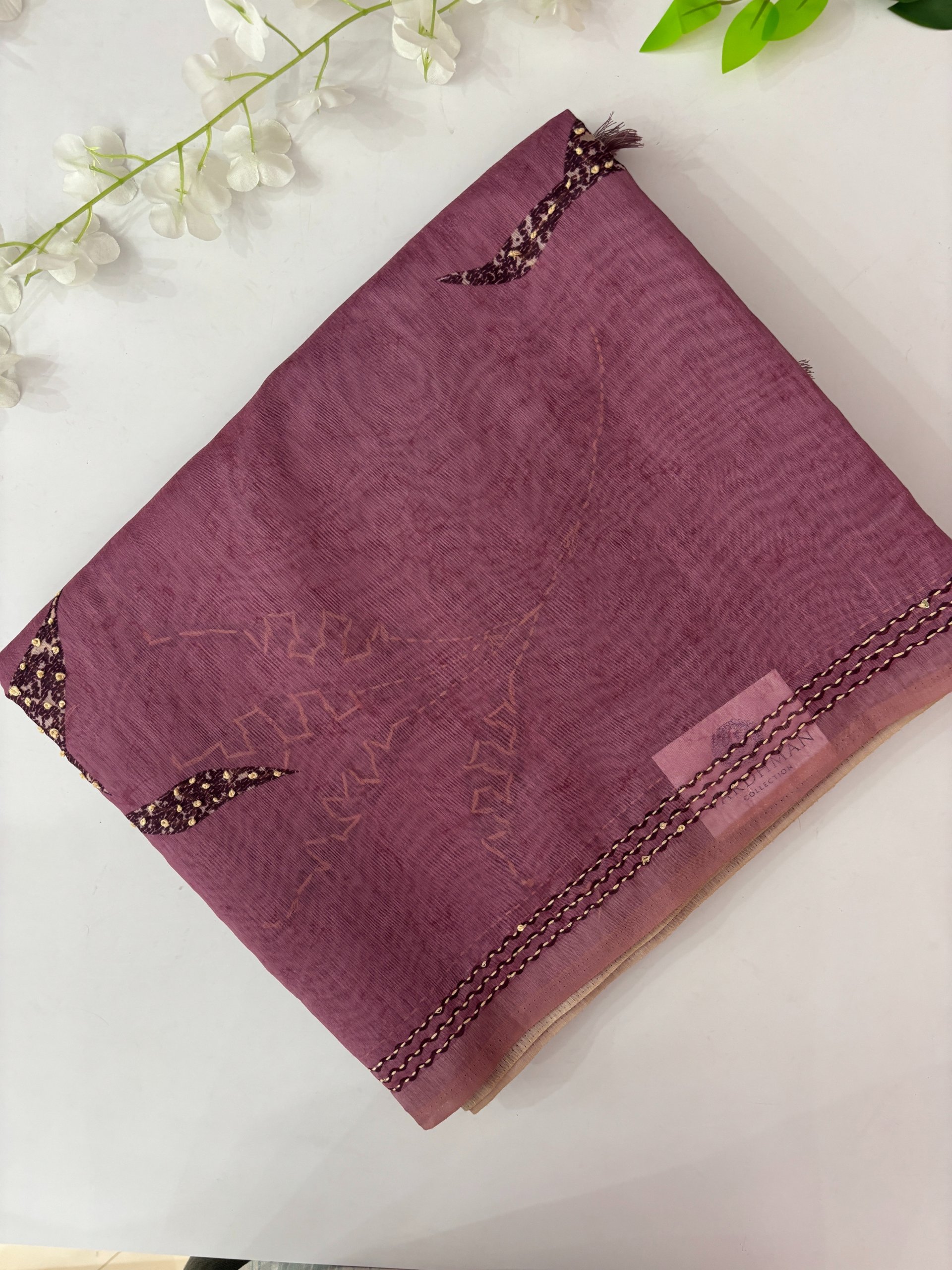 Pink Printed Chanderi Cotton Saree with Knot Work
