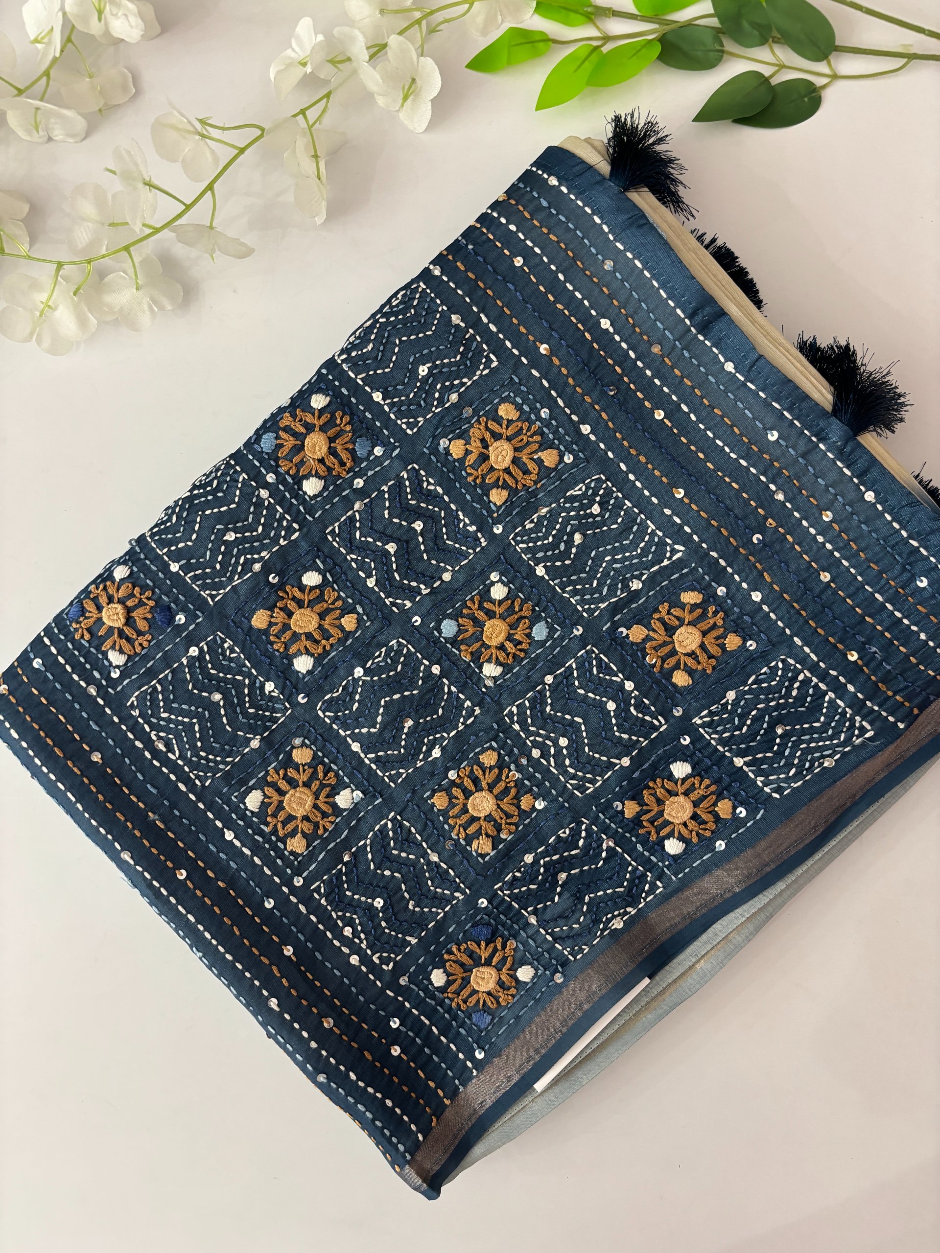 Blue and Cream Tusser Organza Saree with Knot Work