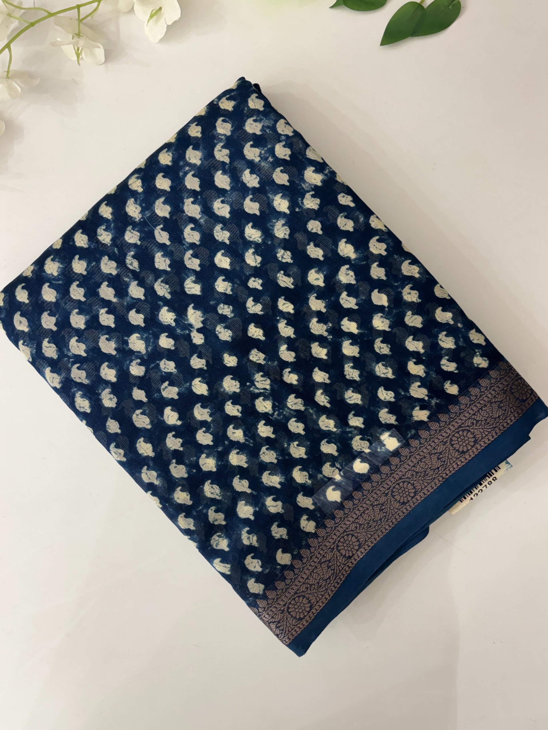 Indigo Block Print Chanderi Cotton Saree