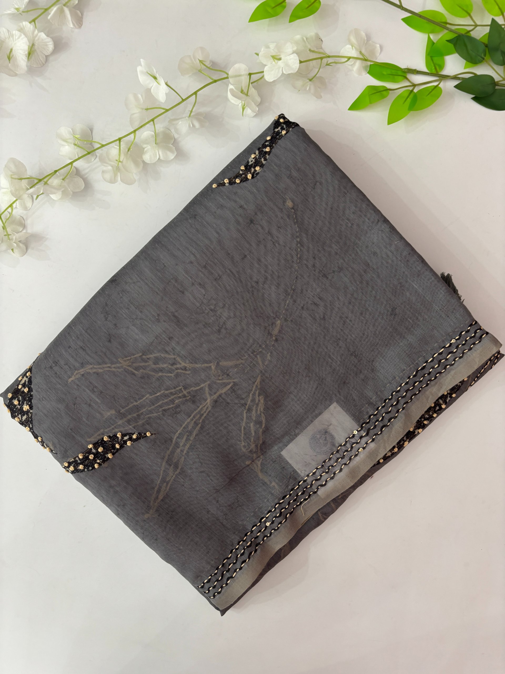 Grey Printed Chanderi Cotton Saree with Knot Work