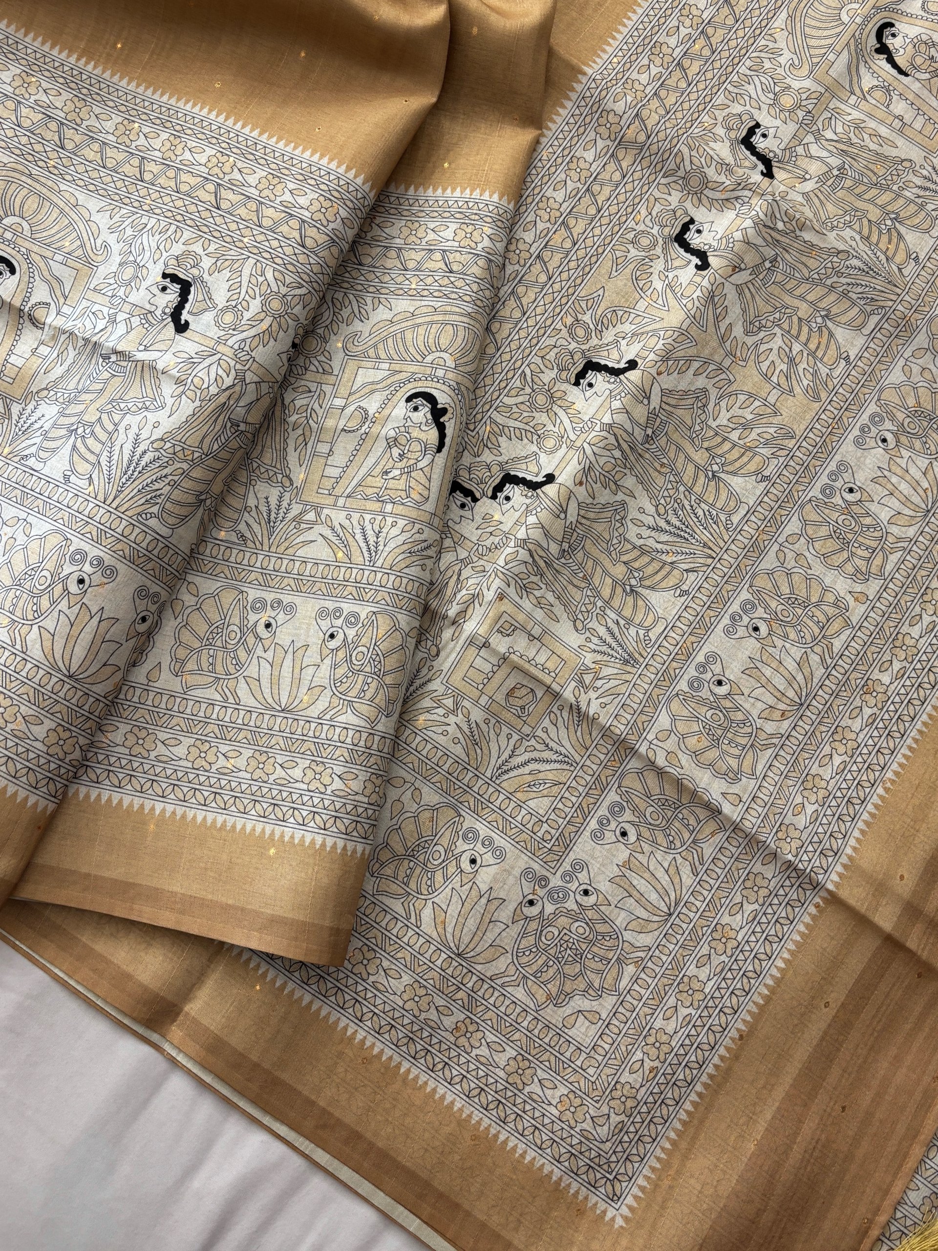 Mustard Tussar Silk Madhubani Print Saree