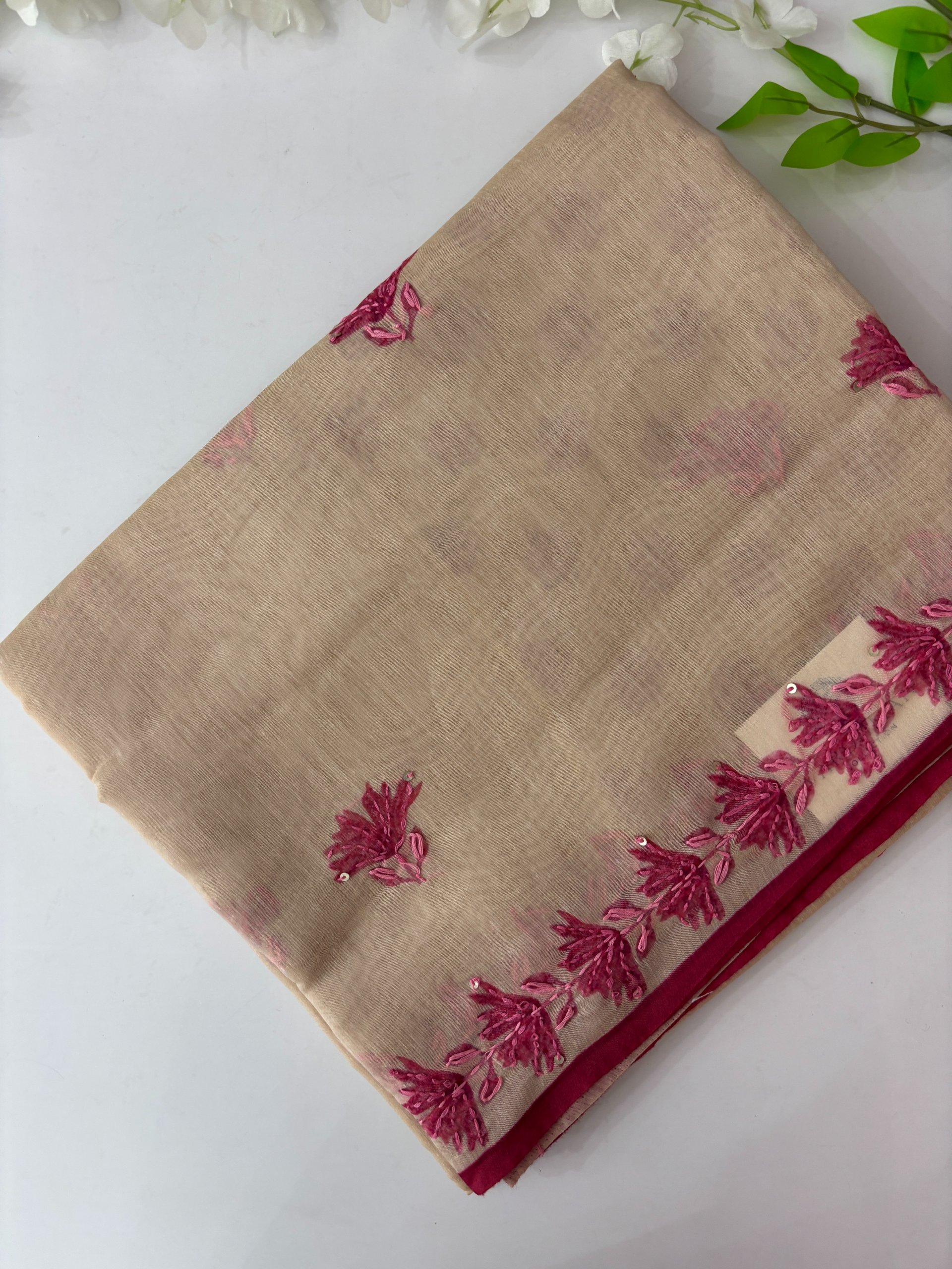 Off White Kantha Work Saree