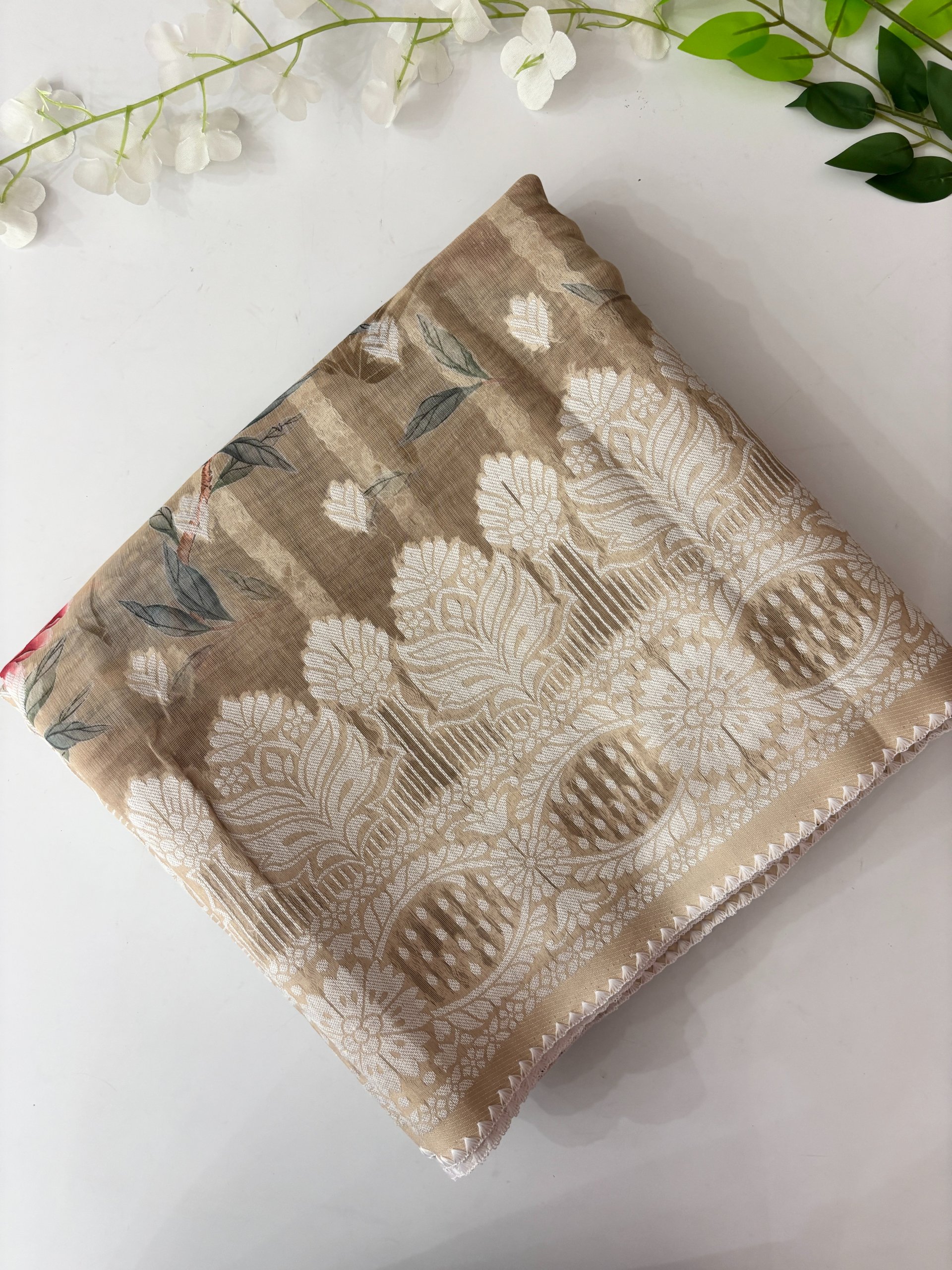 Beige Lucknowi Weaving Cotton Sarees