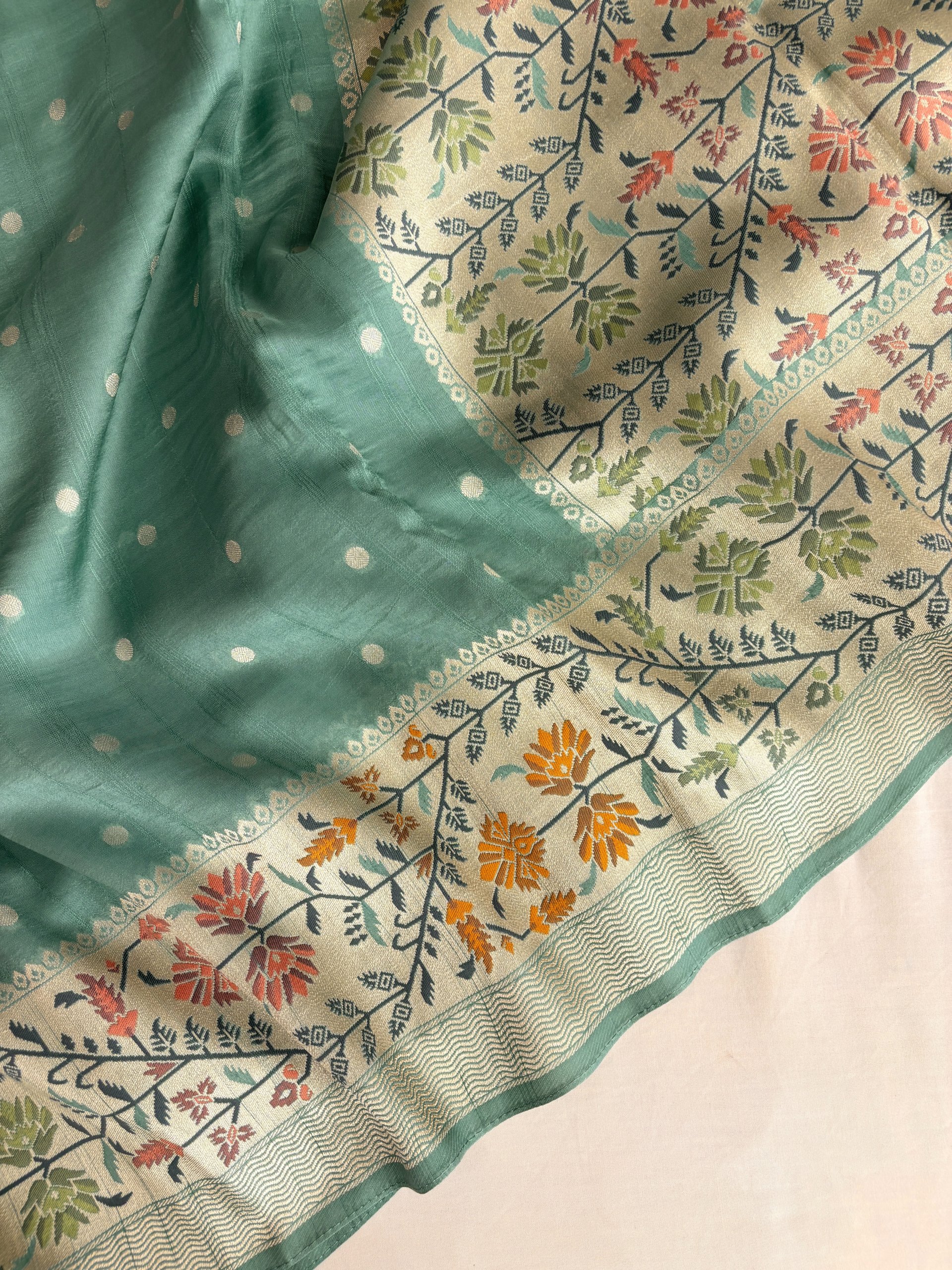 Turquoise Green Meenakari Banarasi Tussar Silk Saree