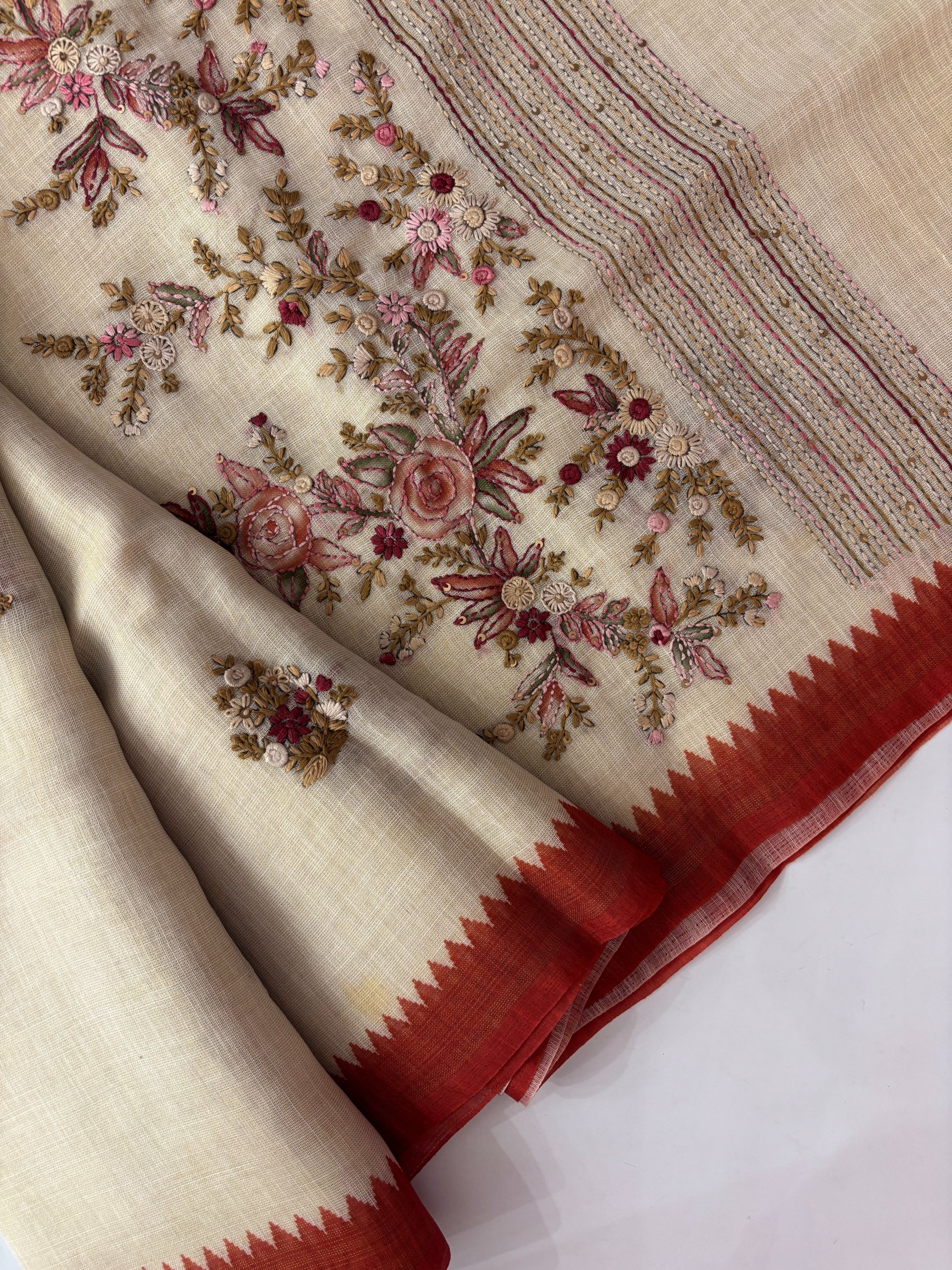 Brick Linen Tissue Saree with Knot Work