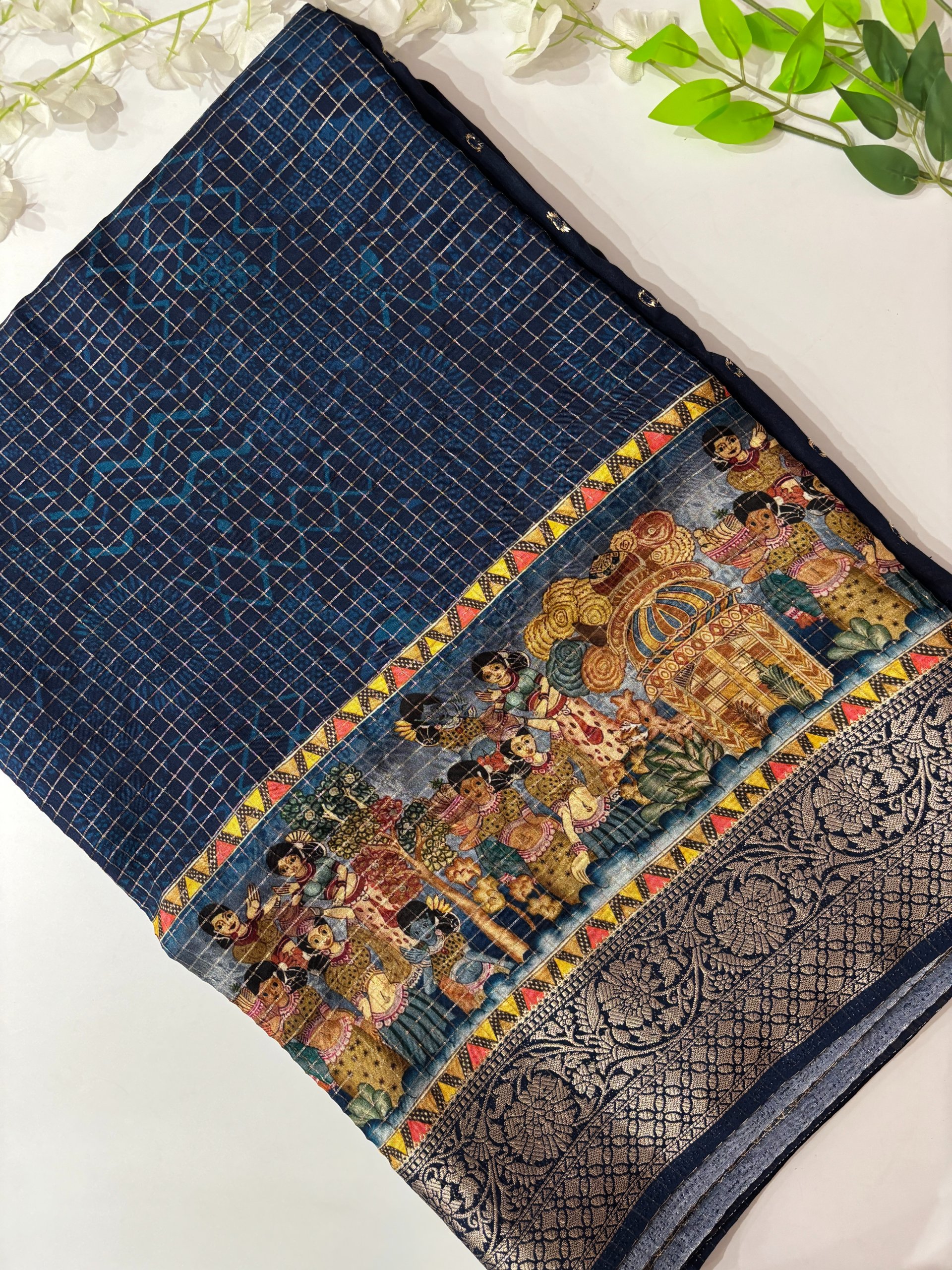 Navy Blue Fancy Printed Dola Silk Saree