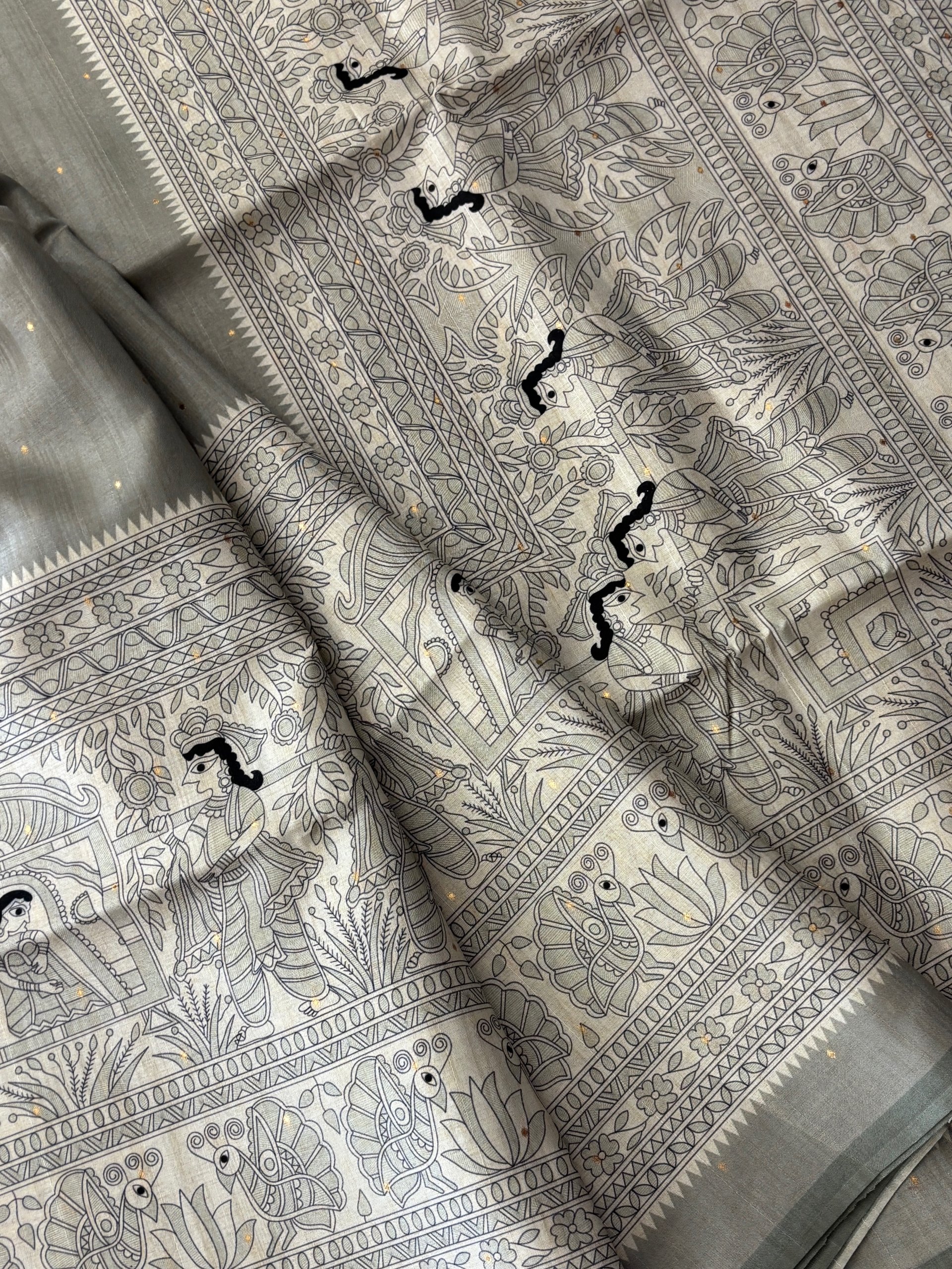Grey Tussar Silk Madhubani Print Saree