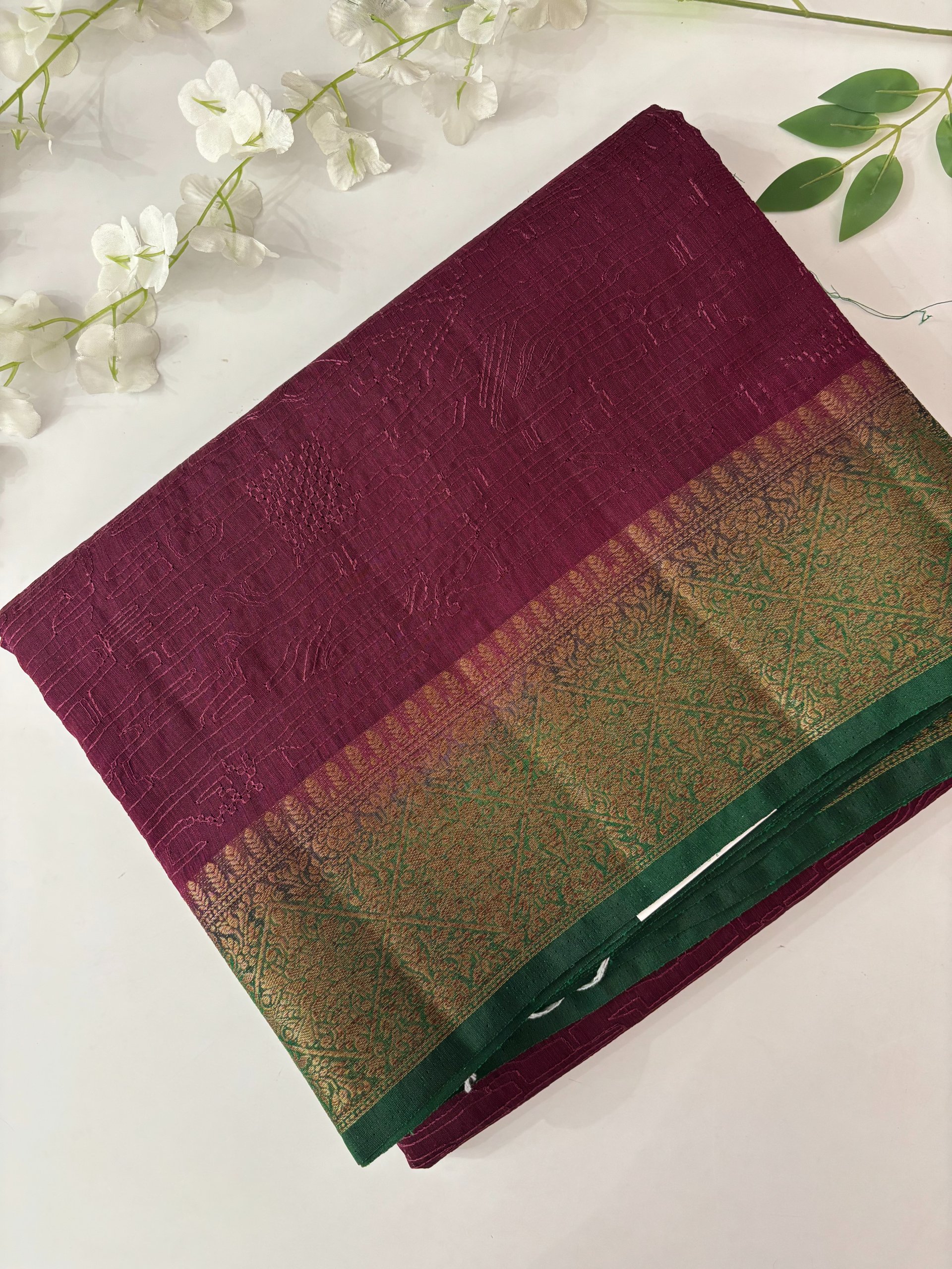 Wine Banarasi Jute Linen Silk Saree with Embroidery