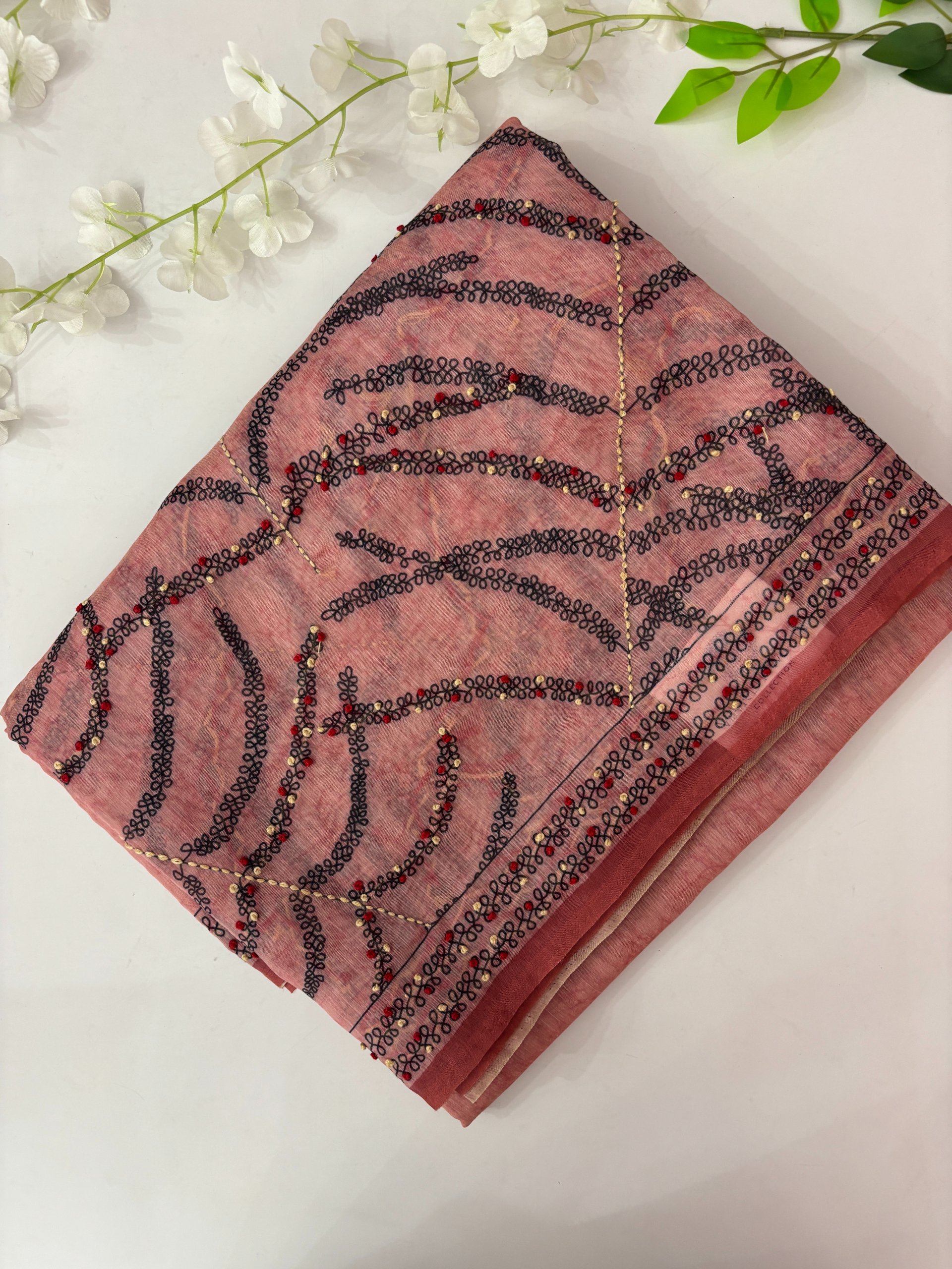 Pink Printed Chanderi Cotton Saree with Knot Work