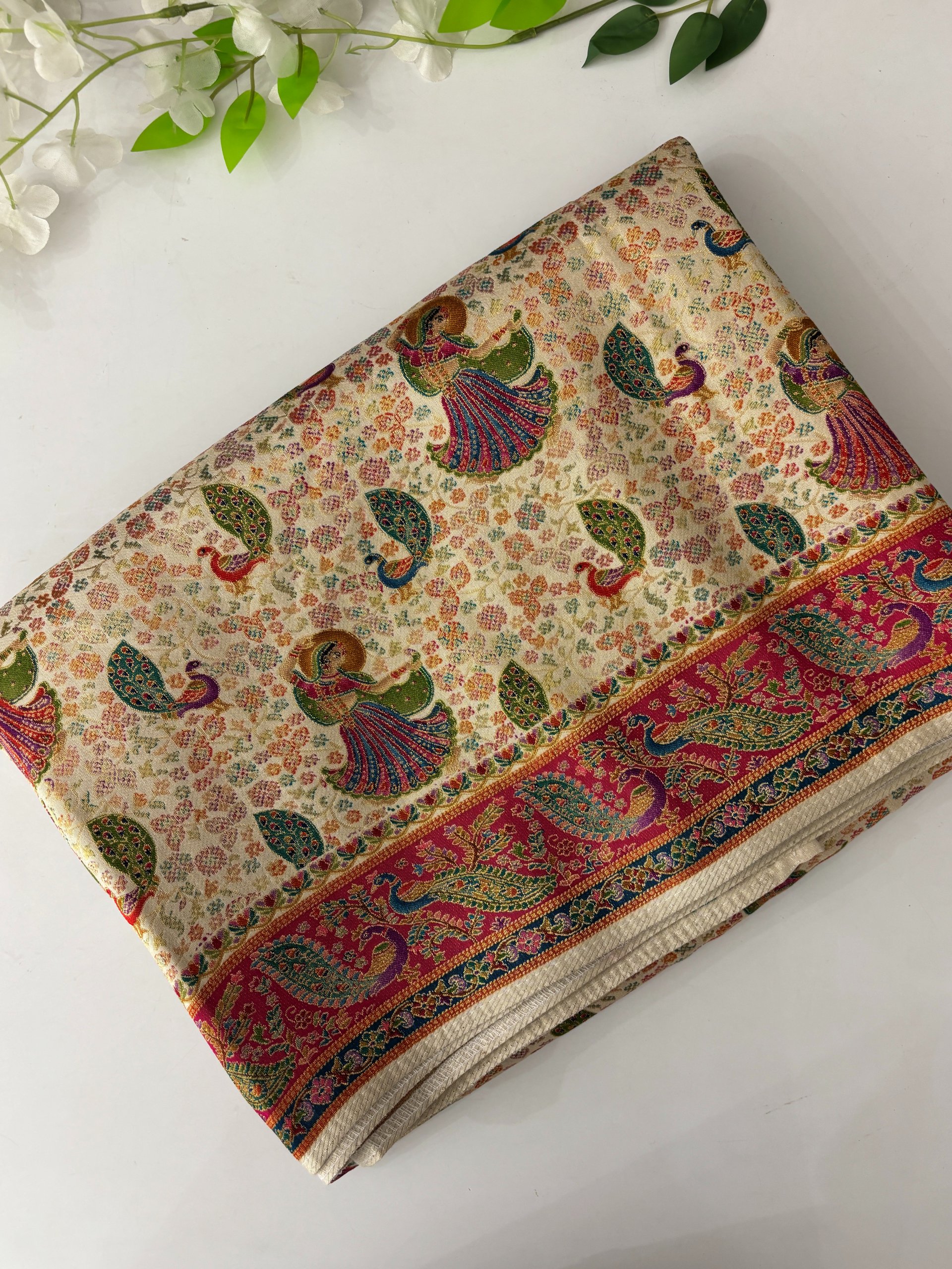 Cream Semi Pashmina Style Silk Sarees