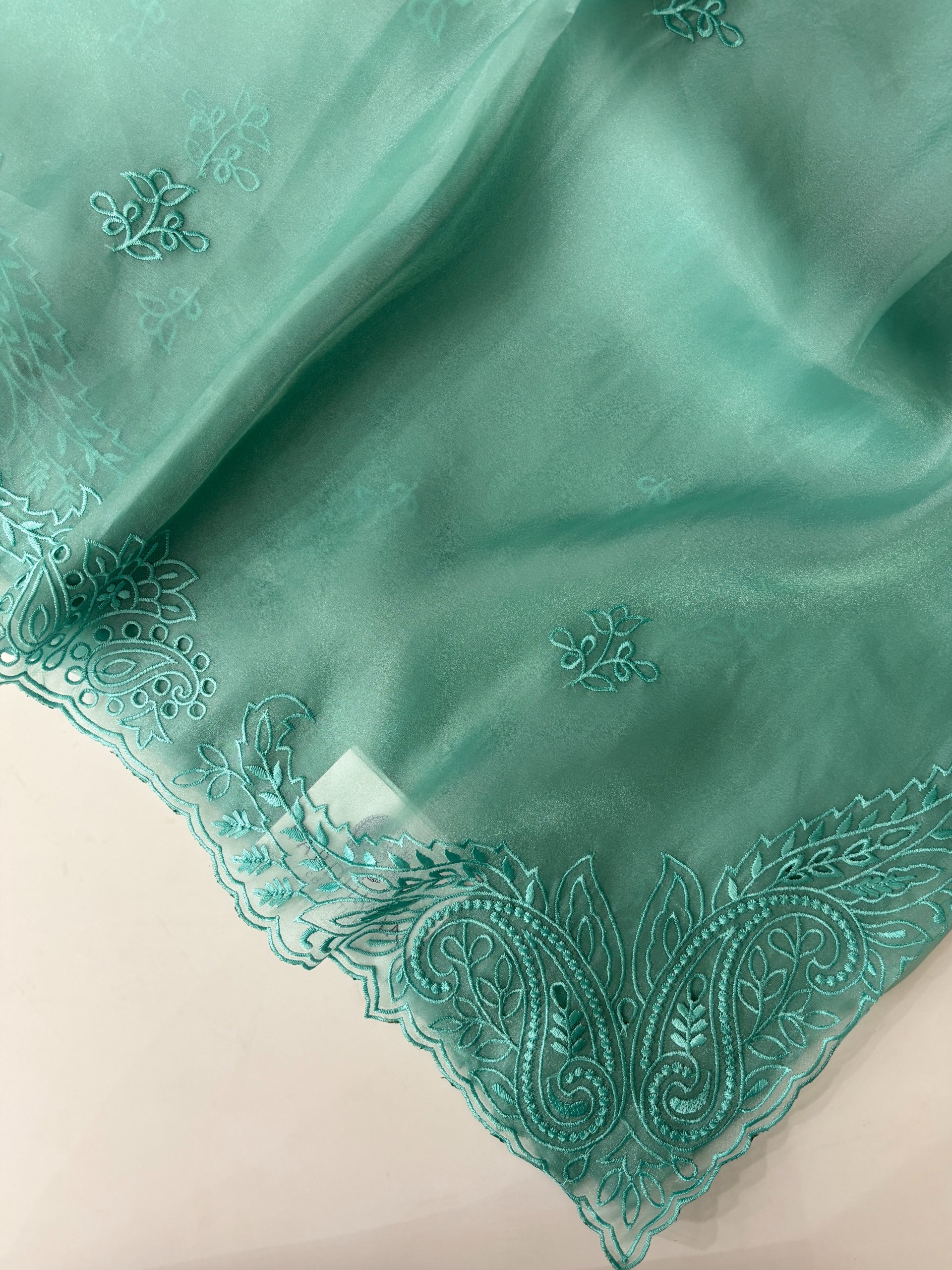 Turquoise Blue Soft Organza Saree with Cutwork and Scalloping Border