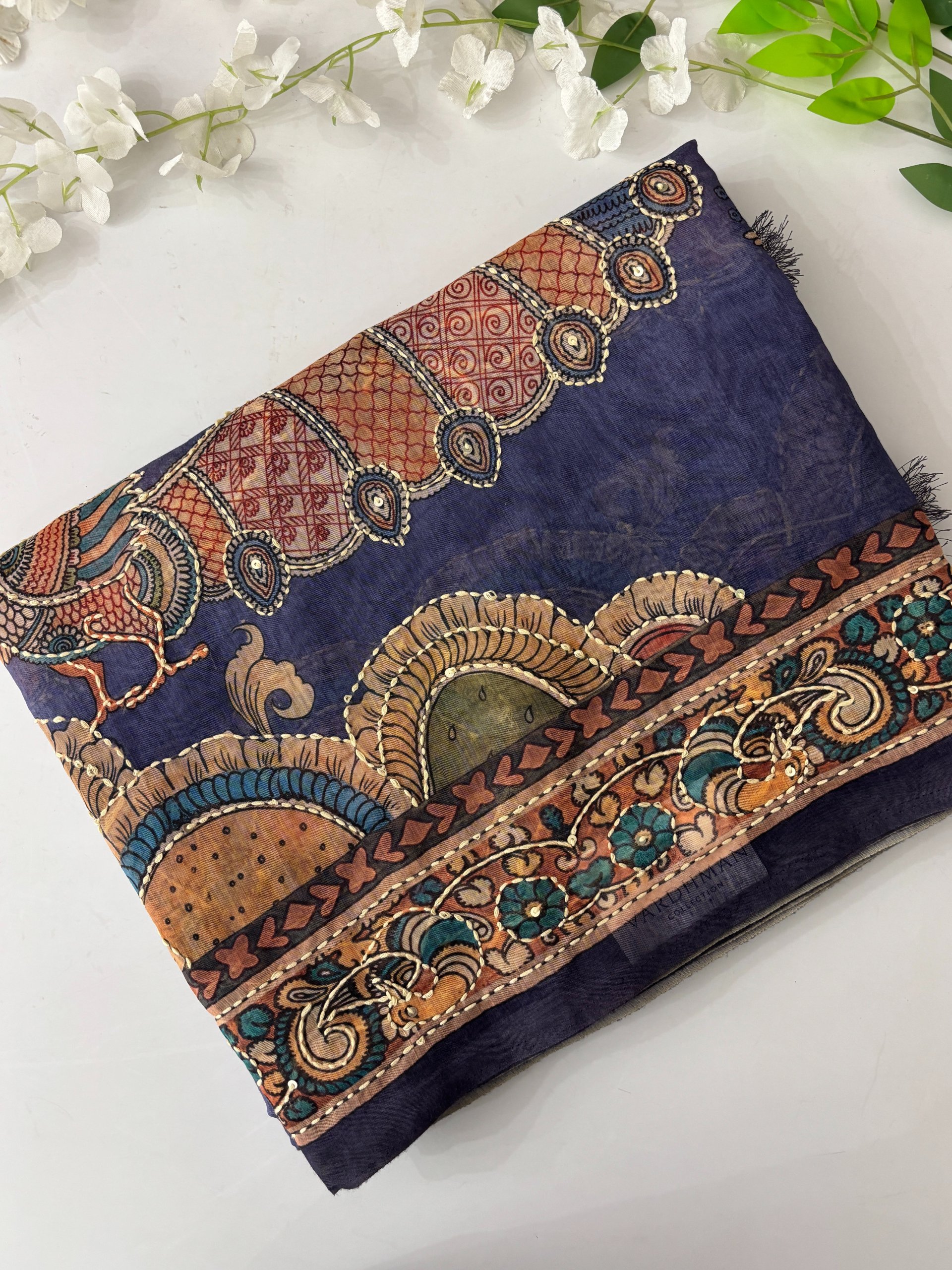 Dusty Lavender Kalamkari X Chanderi Cotton Saree with Kantha Work