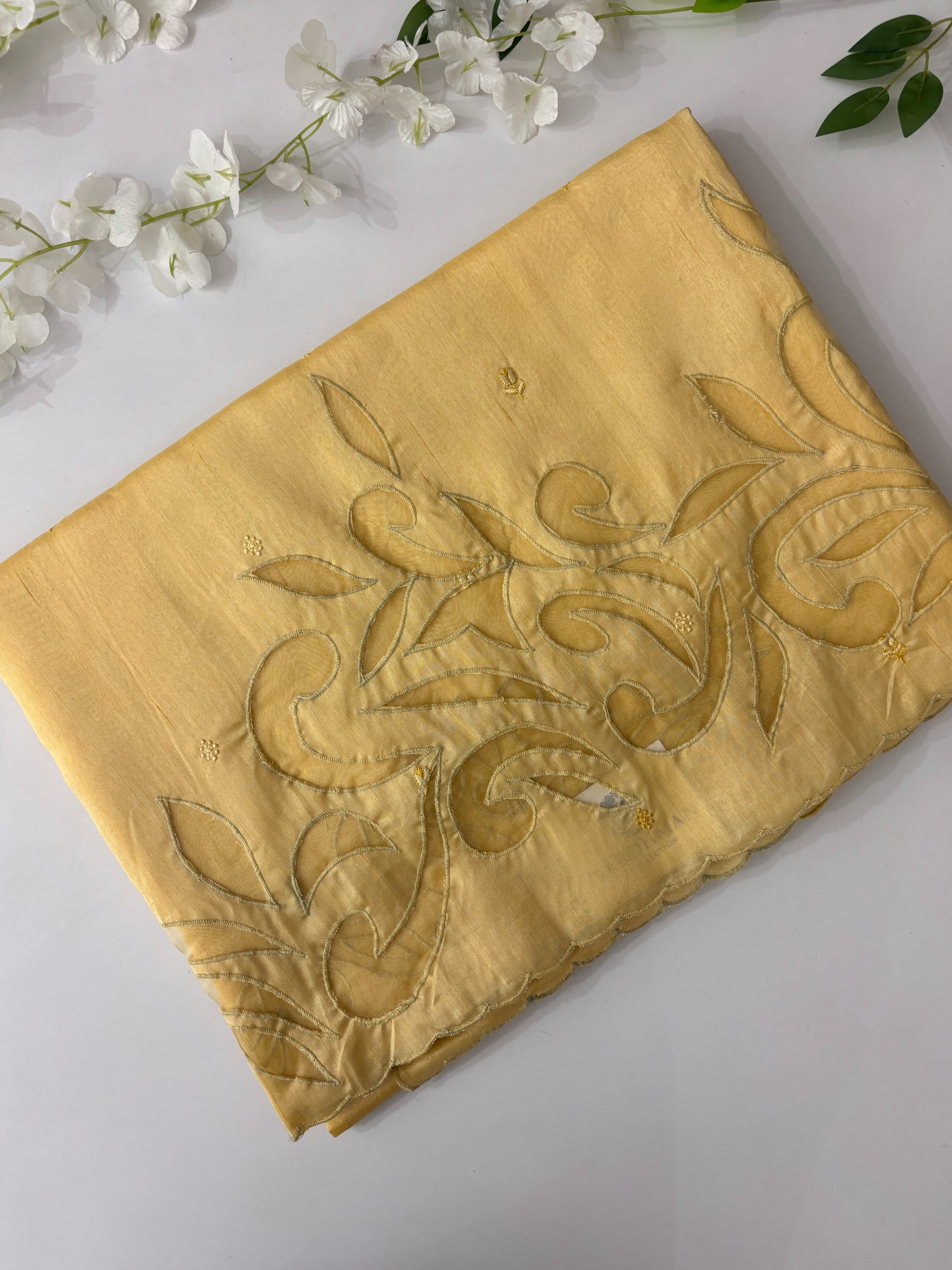 Light Yellow Tussar Silk Sarees with Applique Work