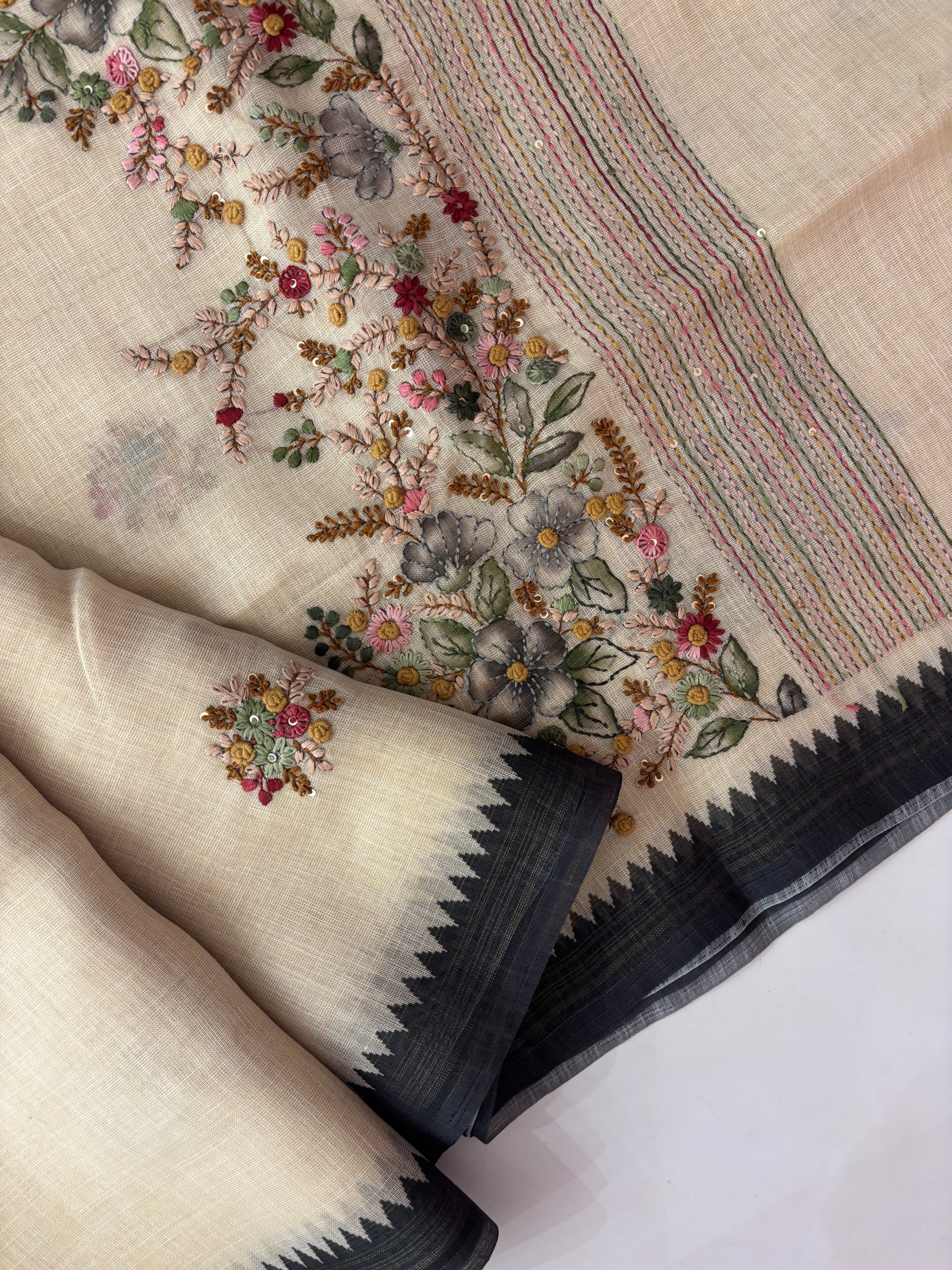 Black Linen Tissue Saree with Knot Work