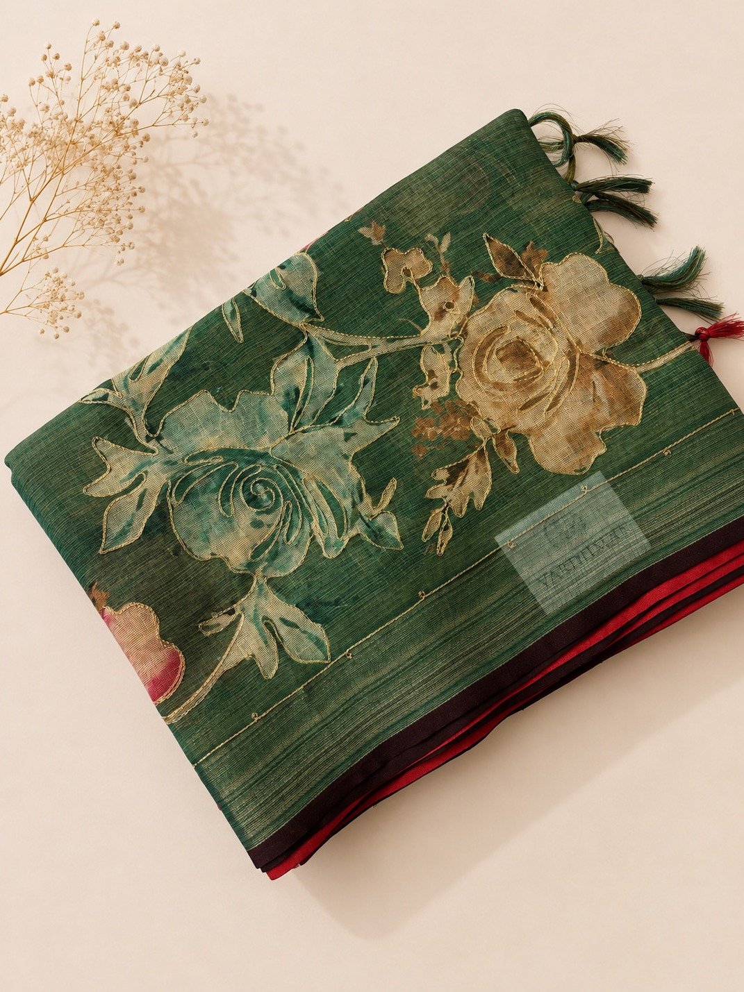 Green Linen Tissue Saree with Aari Work