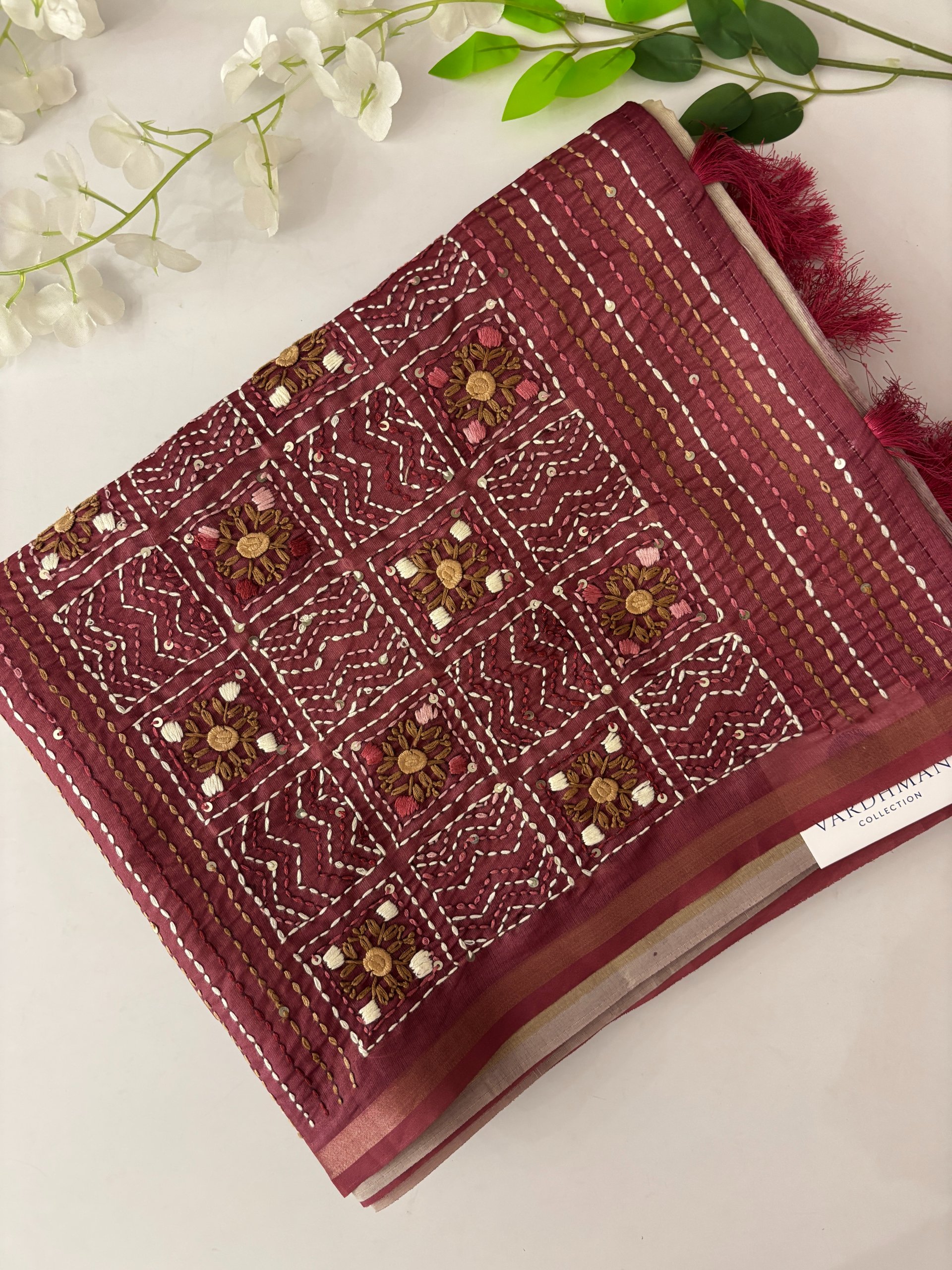 Maroon and Cream Tusser Organza Saree with Knot Work