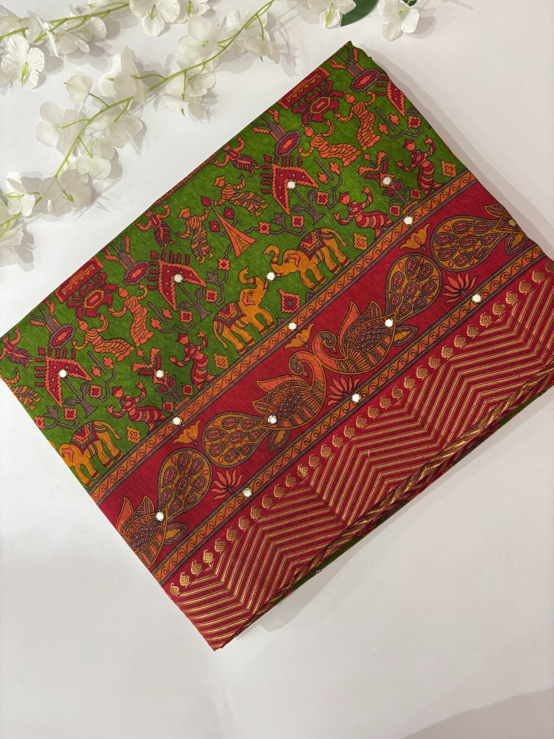 Green Printed Tussar Silk Saree with Mirror Work