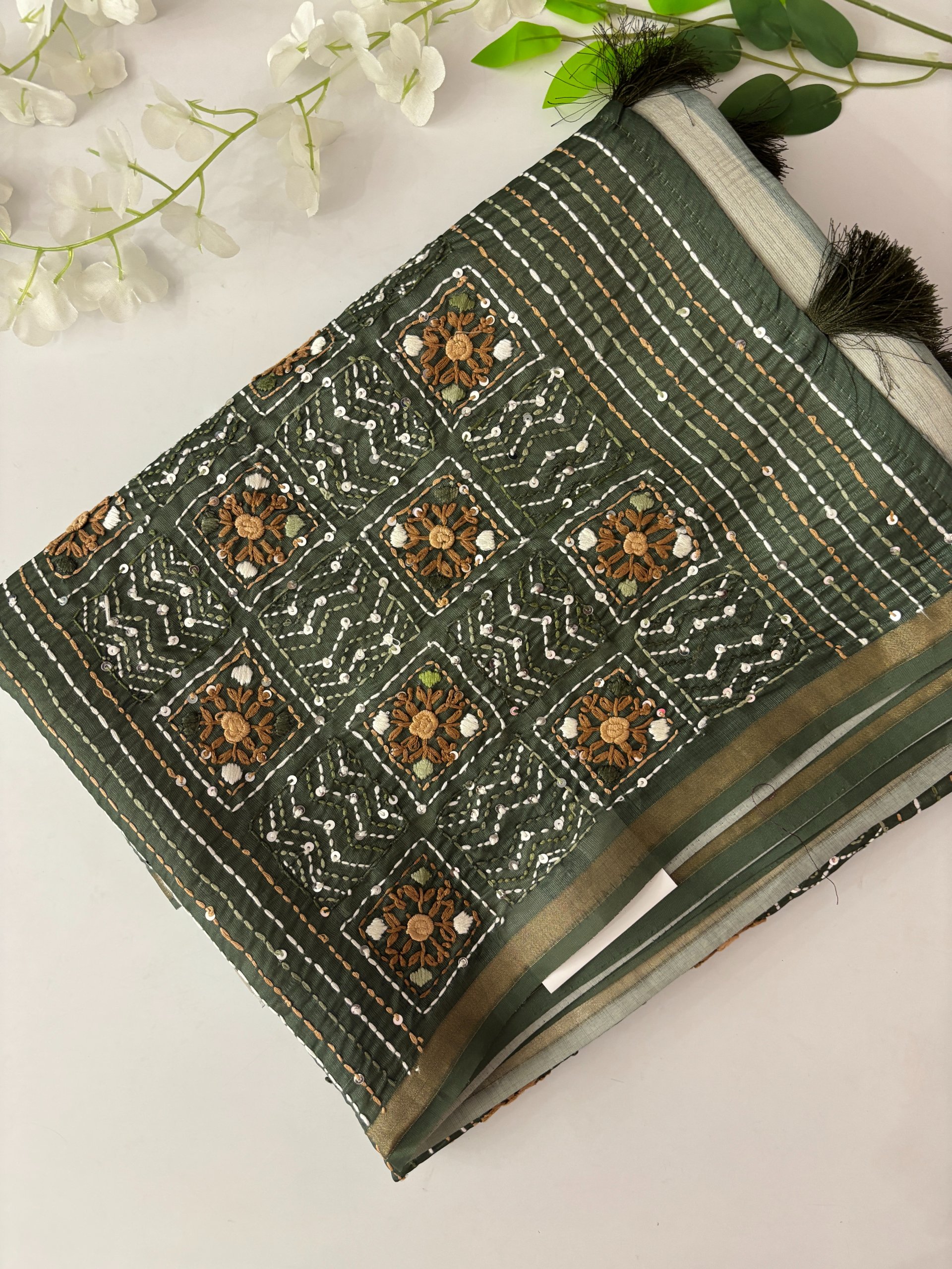 Green and Cream Tusser Organza Saree with Knot Work