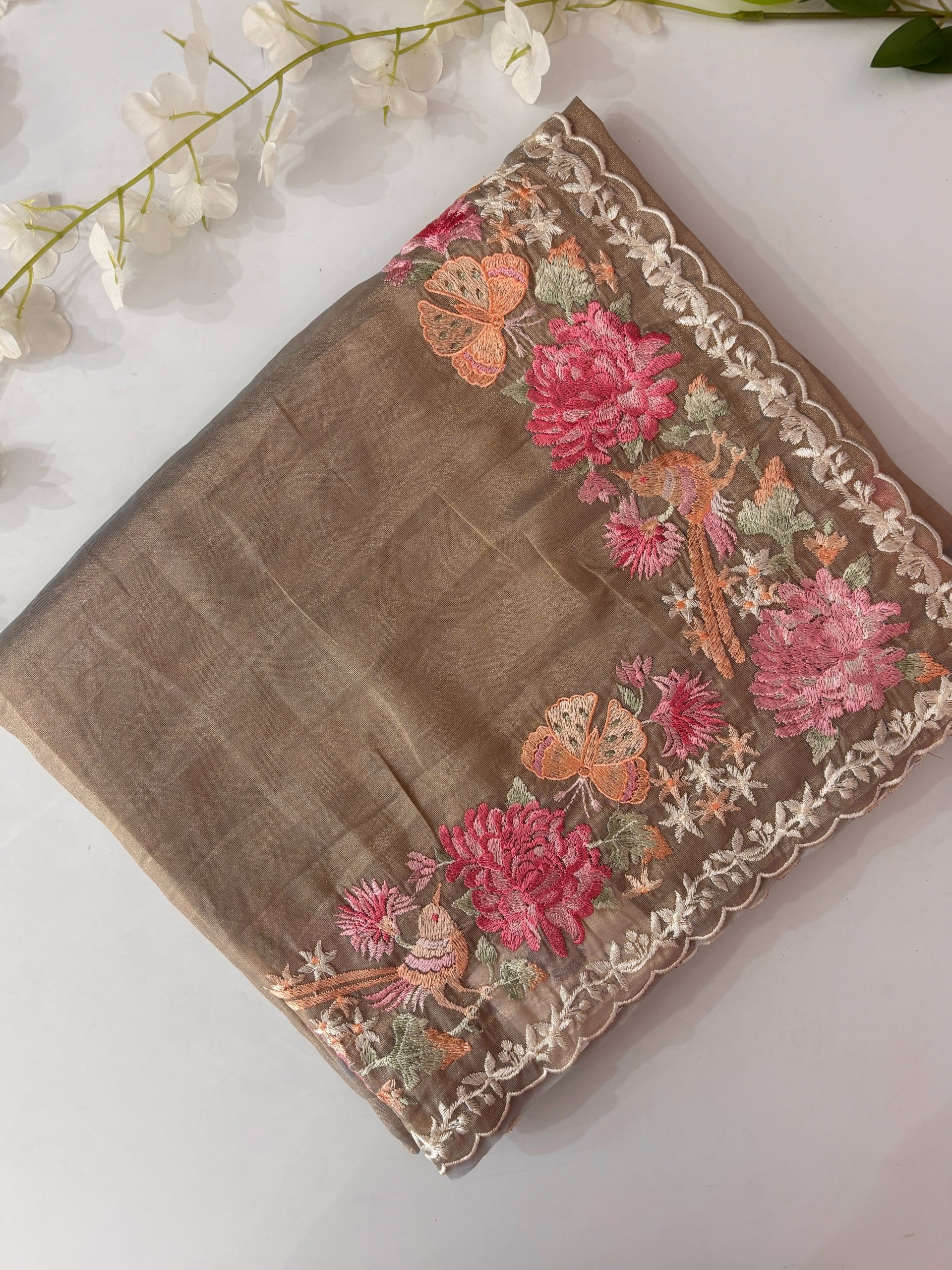 Golden Luxe Fancy Tissue Crepe Saree with Embroidery