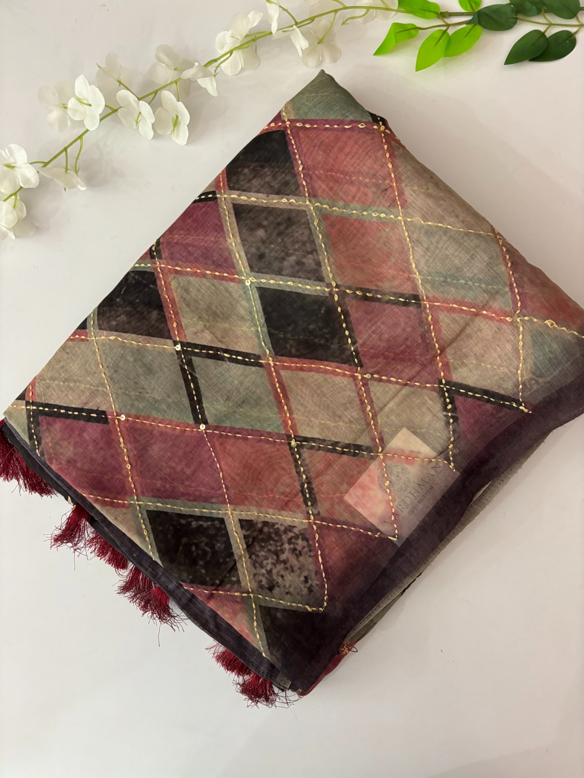 Pink Kalamkari Pallu Kantha Work Saree