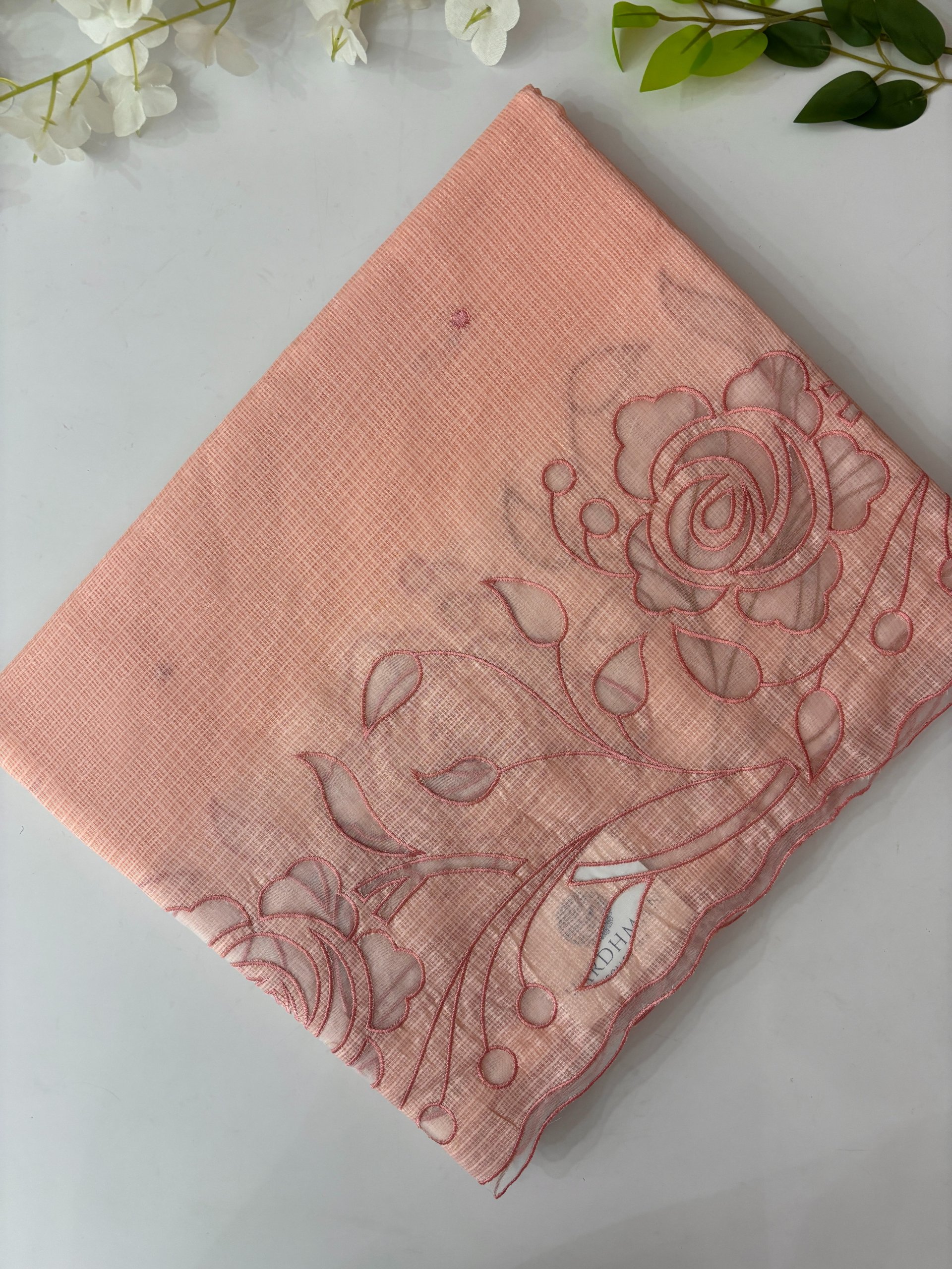 Peach - Supernet Saree with Applique Work