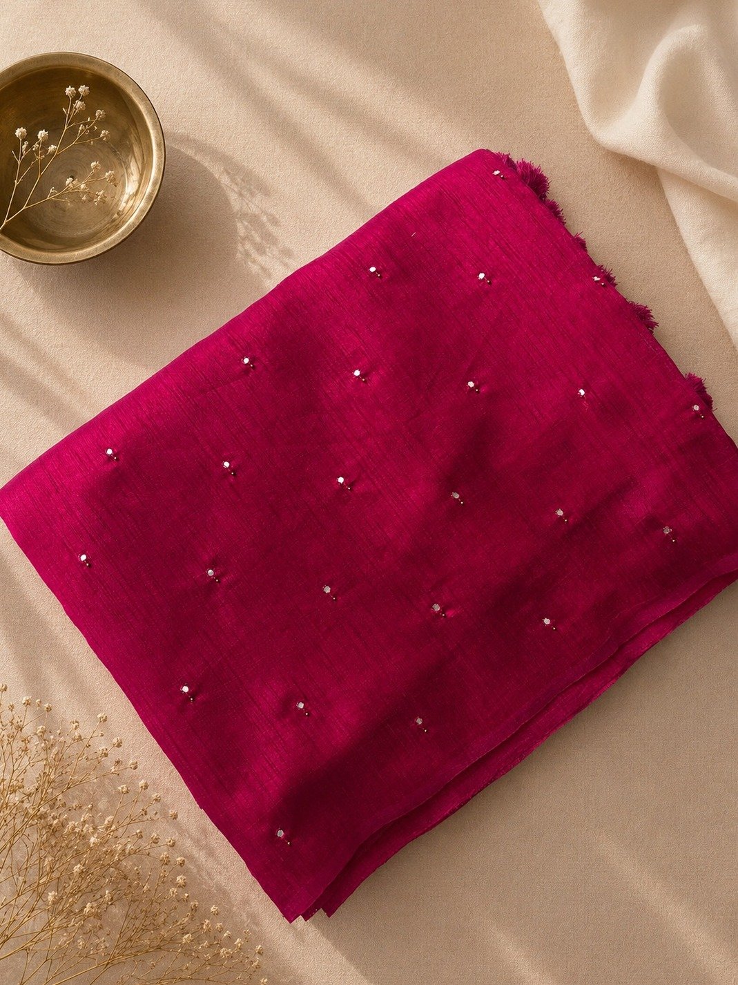 Pink Raw Silk Saree with Mirror Work