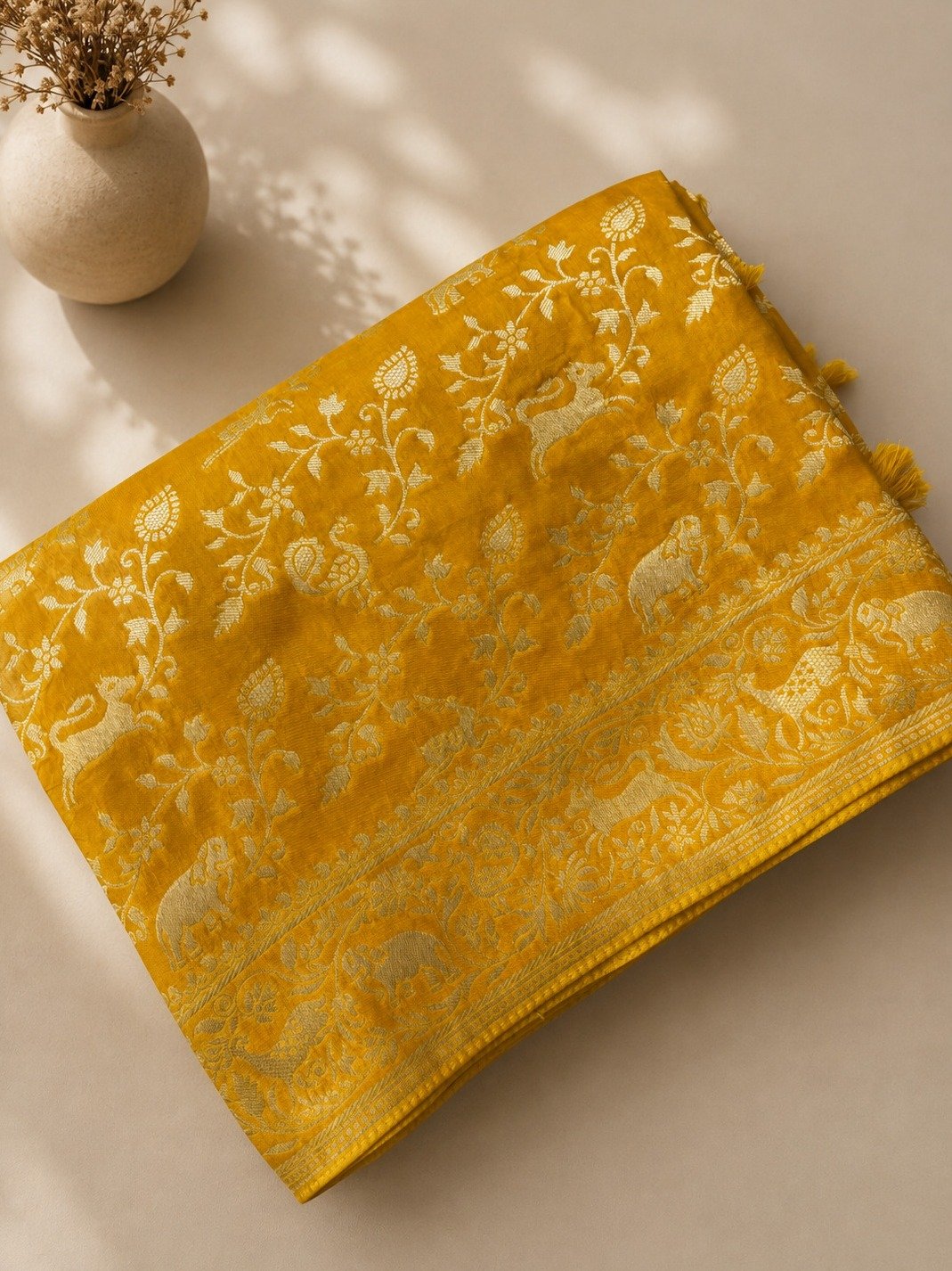Yellow Banarasi Silk Saree with Floral Jaal & Animal Bird Motifs
