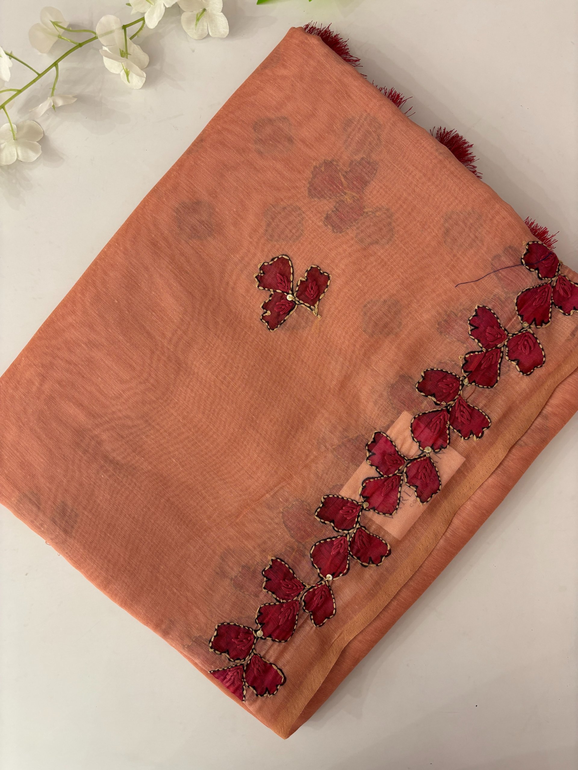 Peach Kantha Work Saree